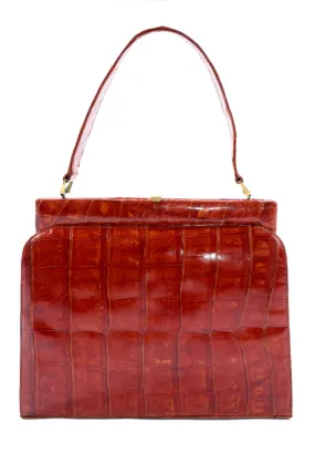 1950s Cognac Crocodile Embossed Leather Satchel Handbag