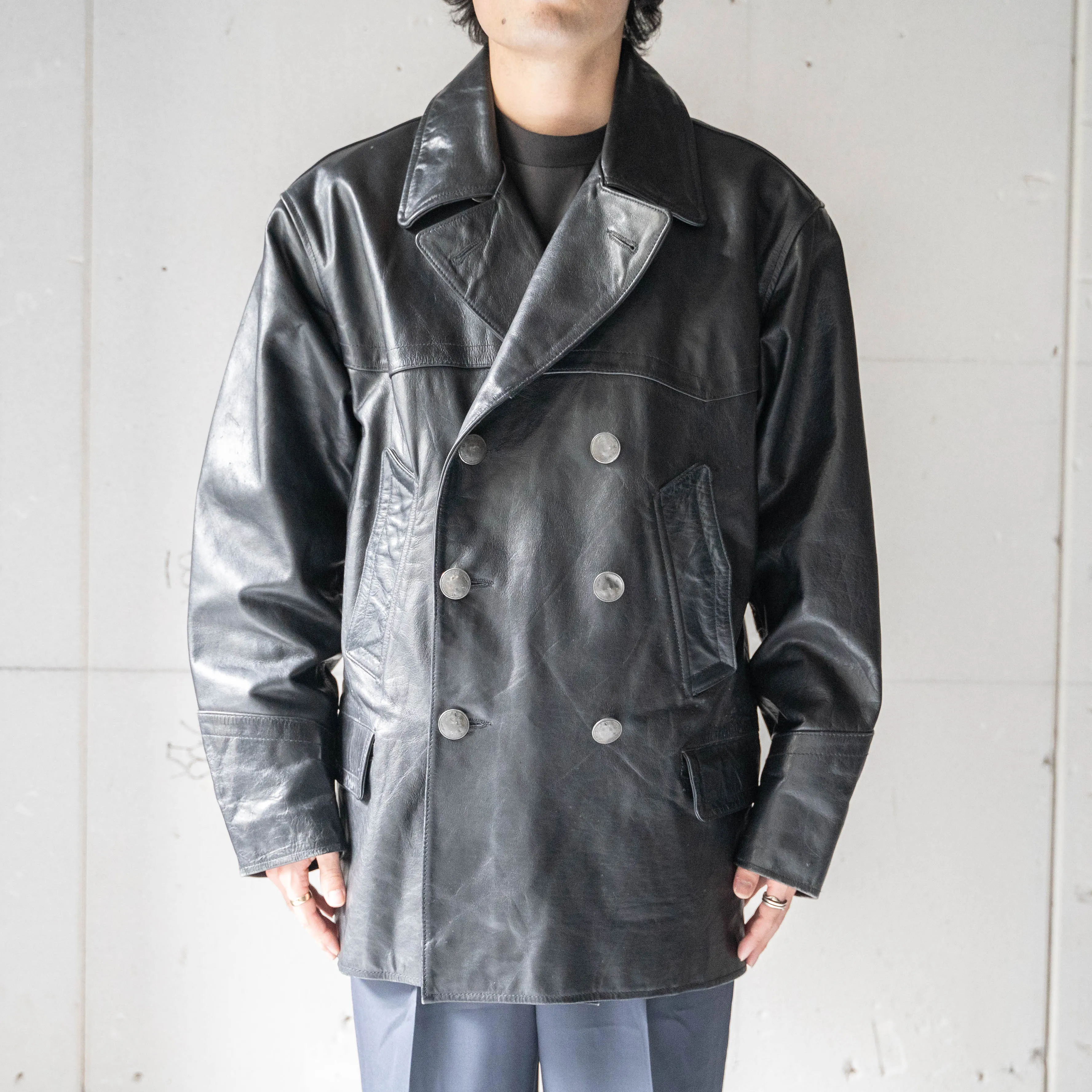 1970-80s Germany black color double breasted  leather car coat
