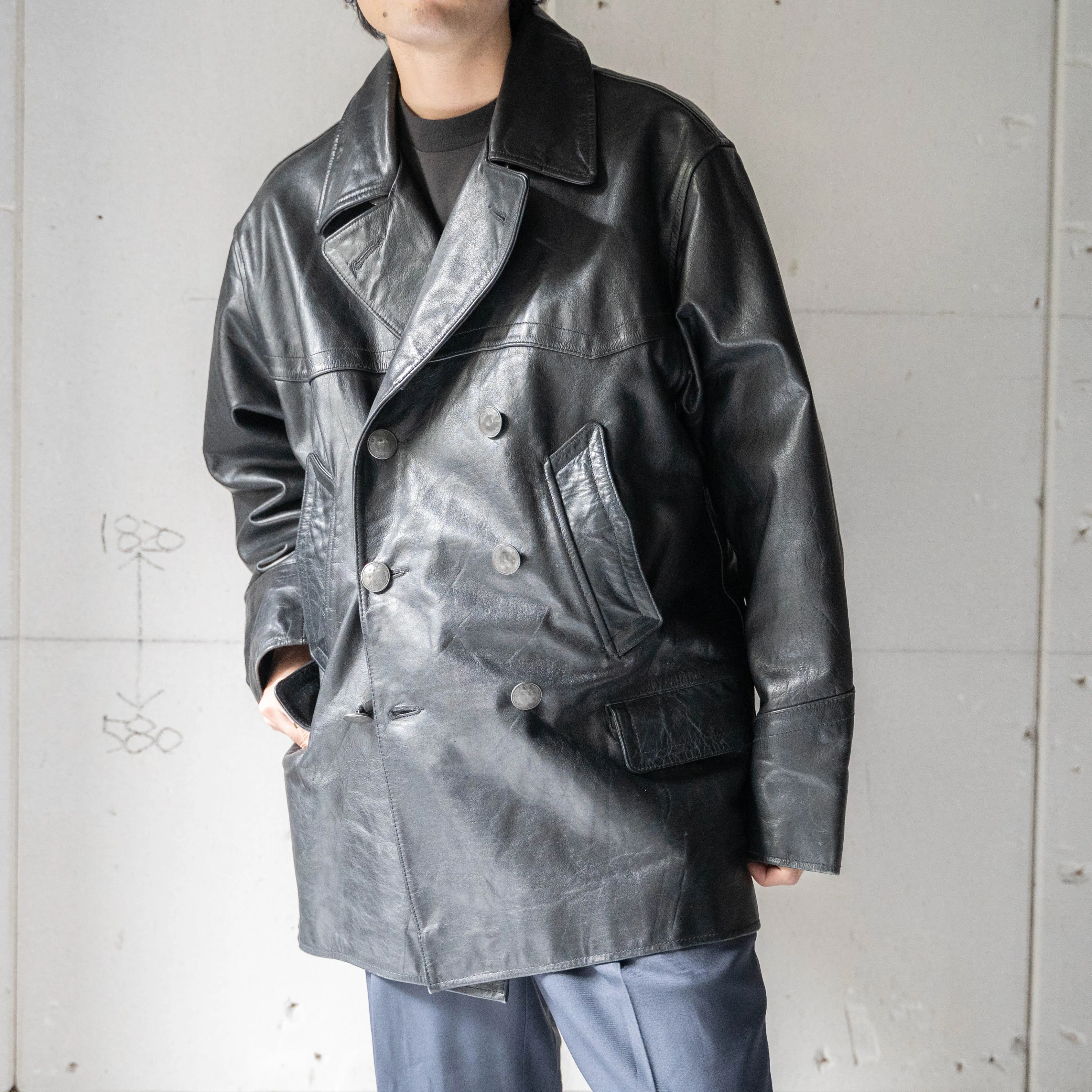 1970-80s Germany black color double breasted  leather car coat