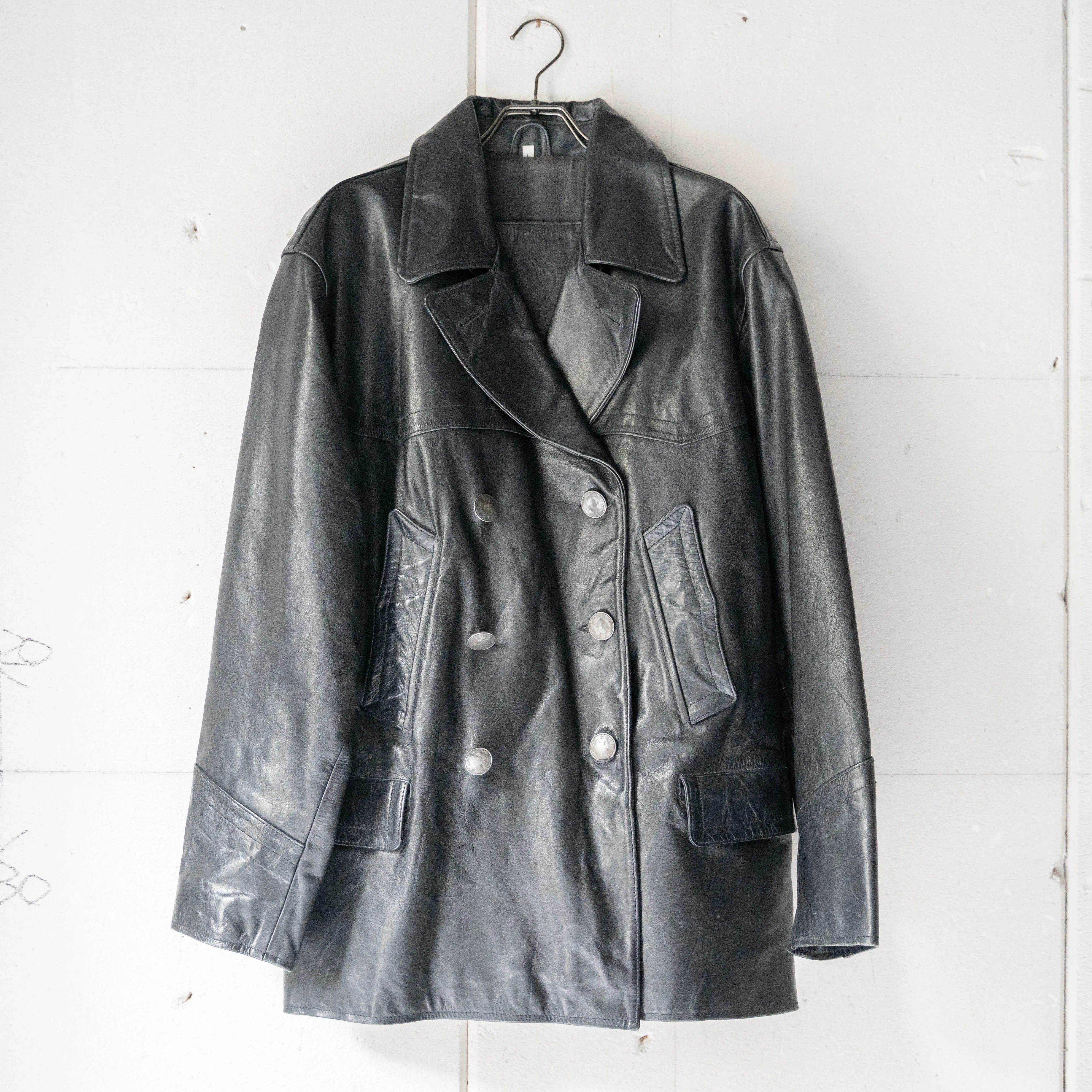 1970-80s Germany black color double breasted  leather car coat