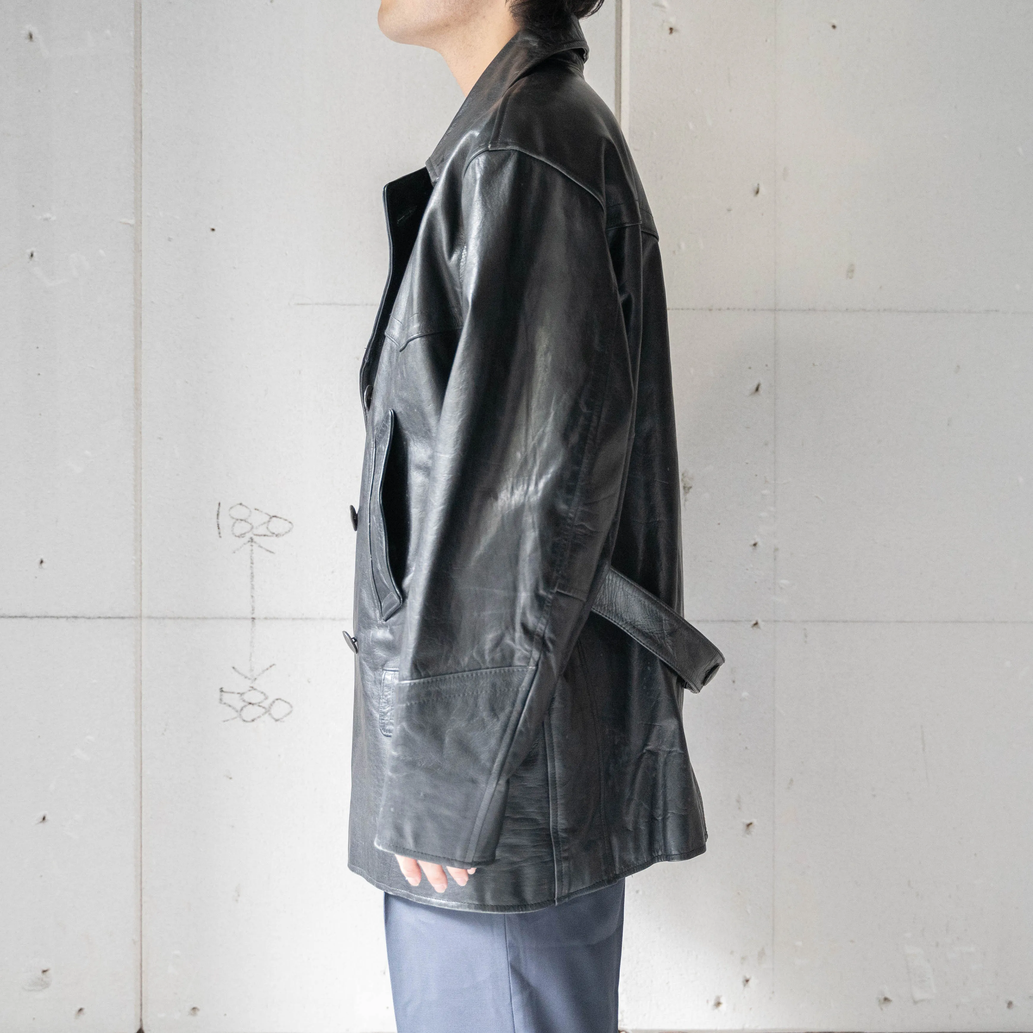 1970-80s Germany black color double breasted  leather car coat