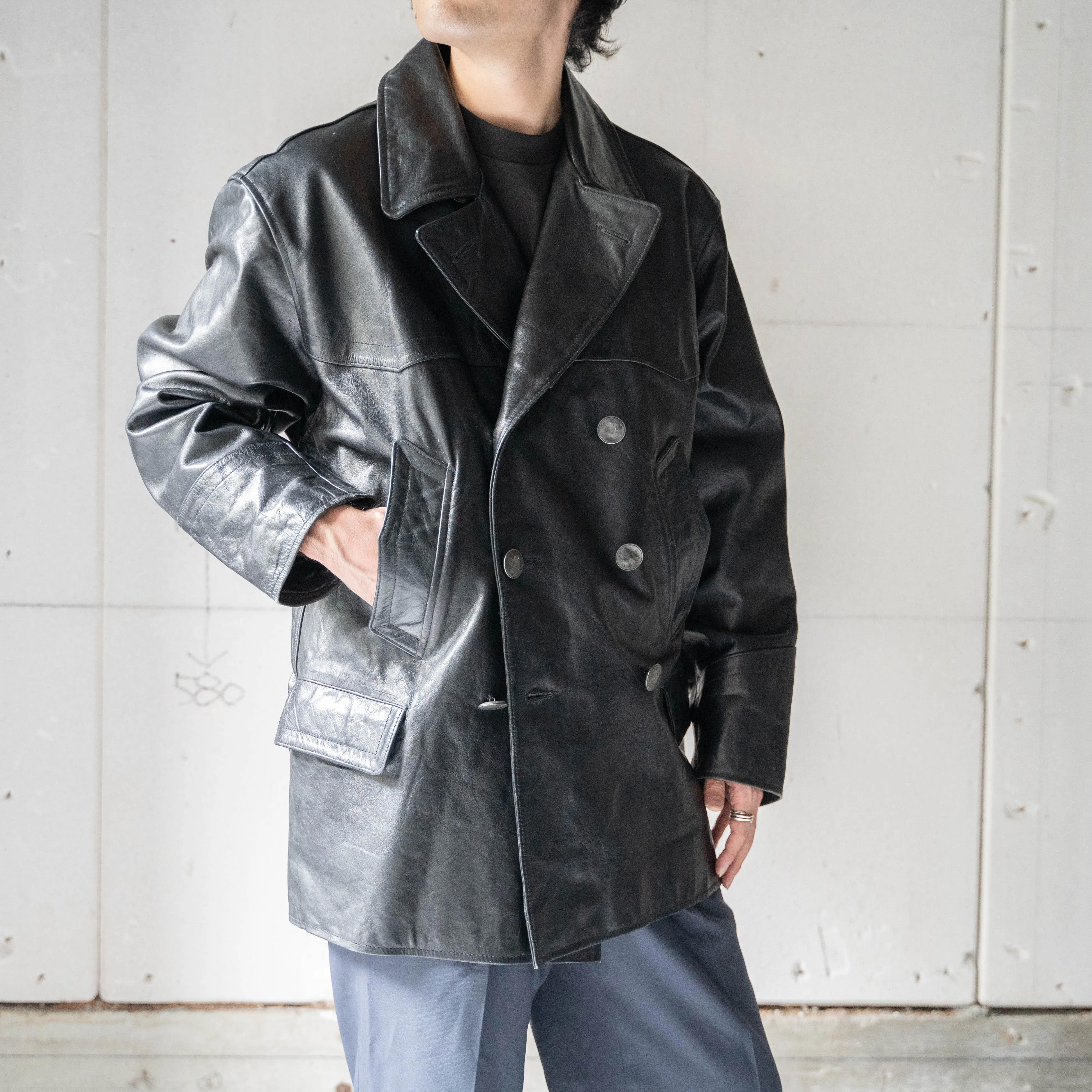 1970-80s Germany black color double breasted  leather car coat
