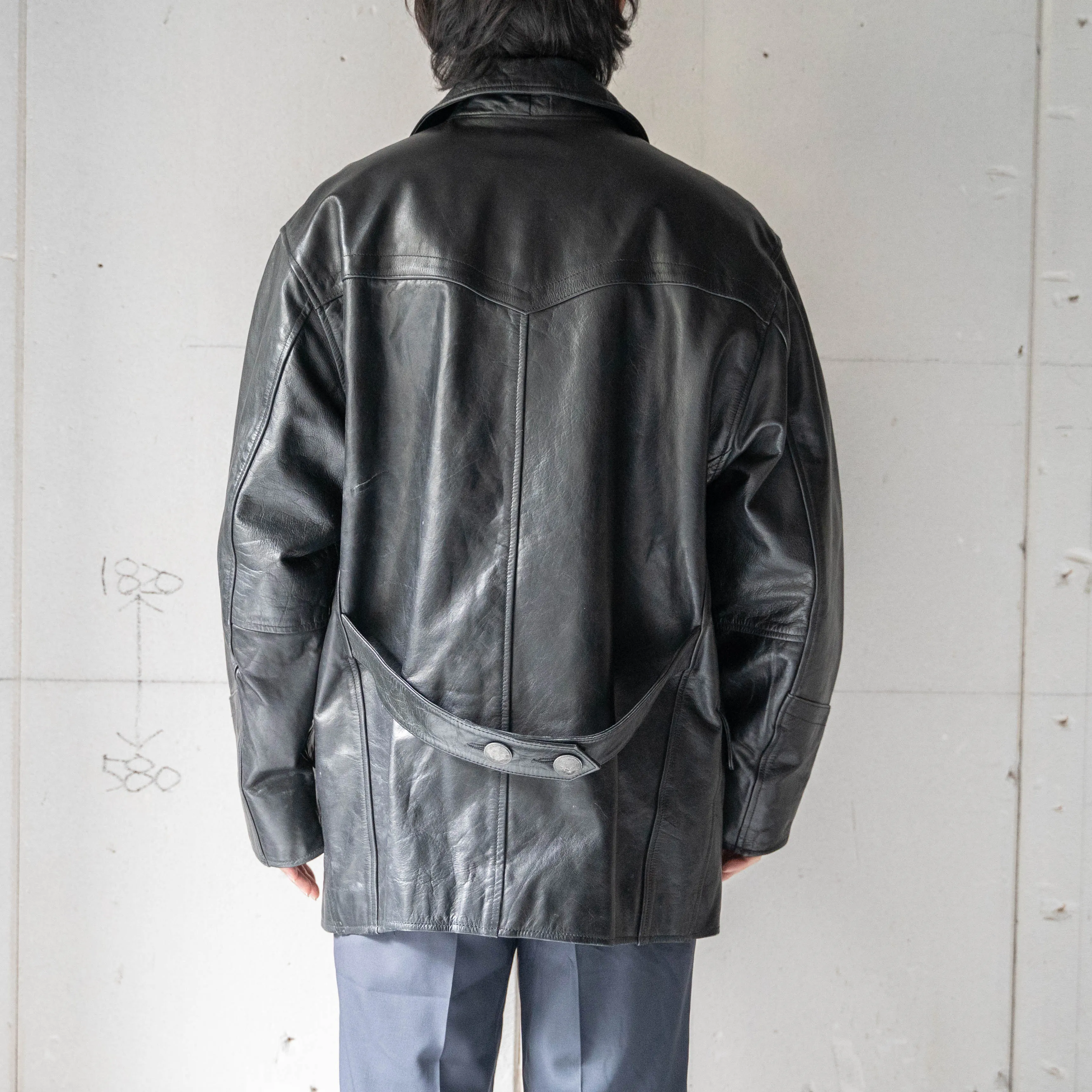 1970-80s Germany black color double breasted  leather car coat