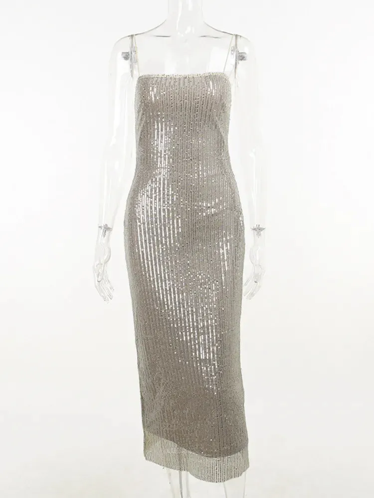 2024 Elegant Glitter Sparkle Spaghetti Strap Sleeveless Maxi Dress
