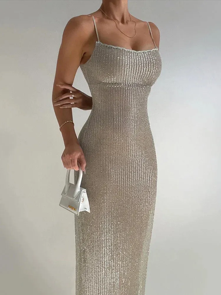 2024 Elegant Glitter Sparkle Spaghetti Strap Sleeveless Maxi Dress