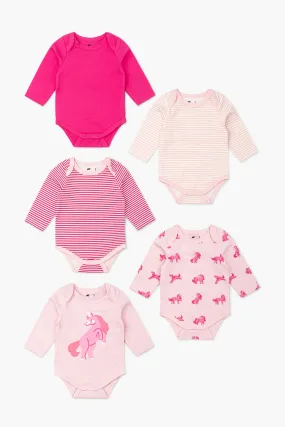 5-Pack Long Sleeve Bodysuit Bundle_Pink Unicorns