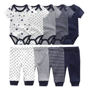 6/9PCS Baby Girl Clothes Newborn Unisex Solid Bodysuits Pants Cotton Baby Boy Clothes Short Sleeve Girls Baby Clothing Cartoon