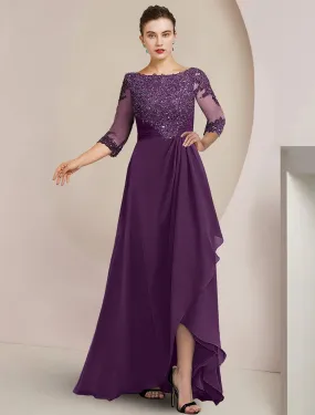 A-Line Mother of the Bride Dress Formal Wedding Guest Elegant High Low Scoop Neck Asymmetrical Floor Length Chiffon Lace 3/4 Length Sleeve with Beading Sequin Appliques