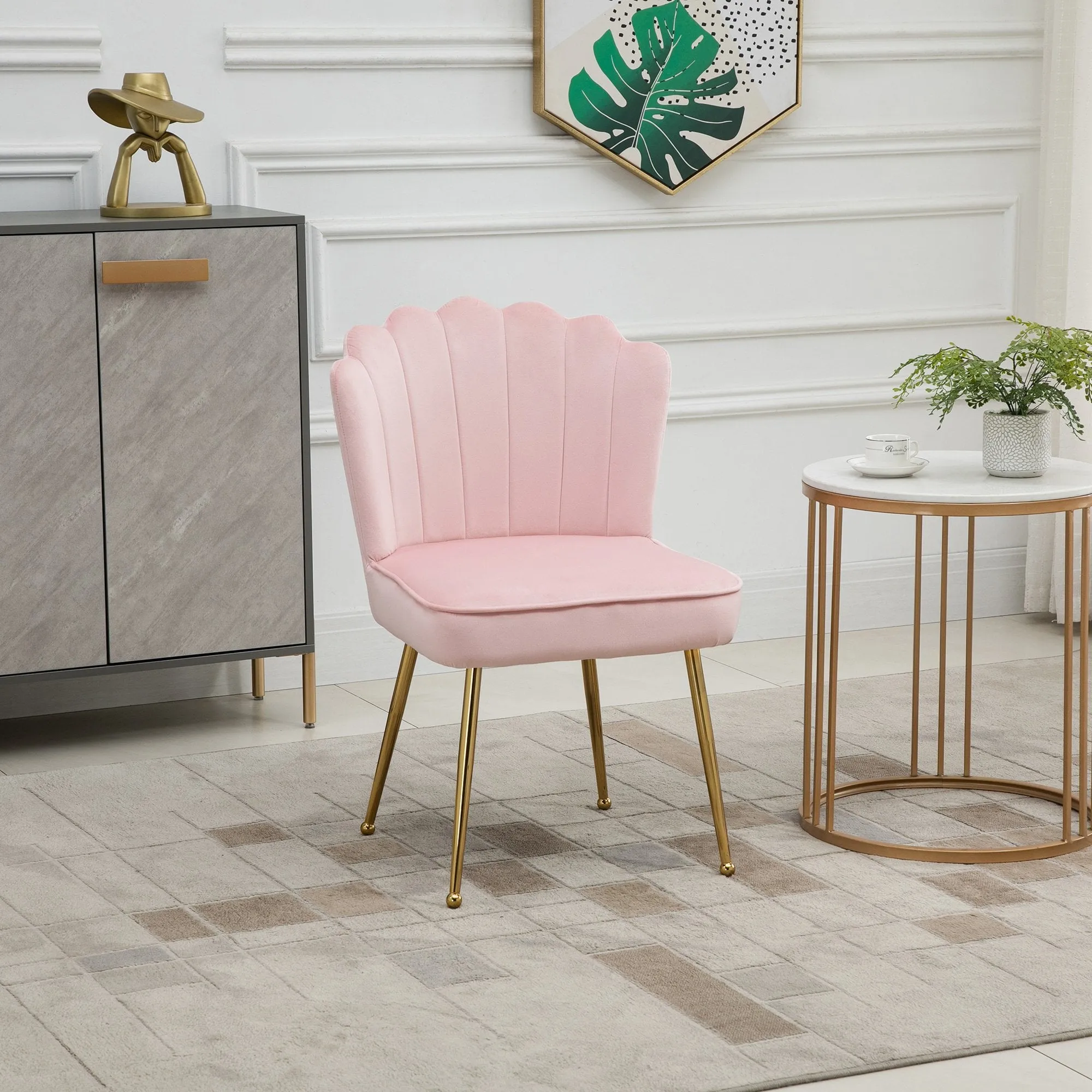 Accent Chair Velvet-Touch Vanity Chair Makeup Chair with Golden Metal Legs for Living Room & Dining Room, Pink