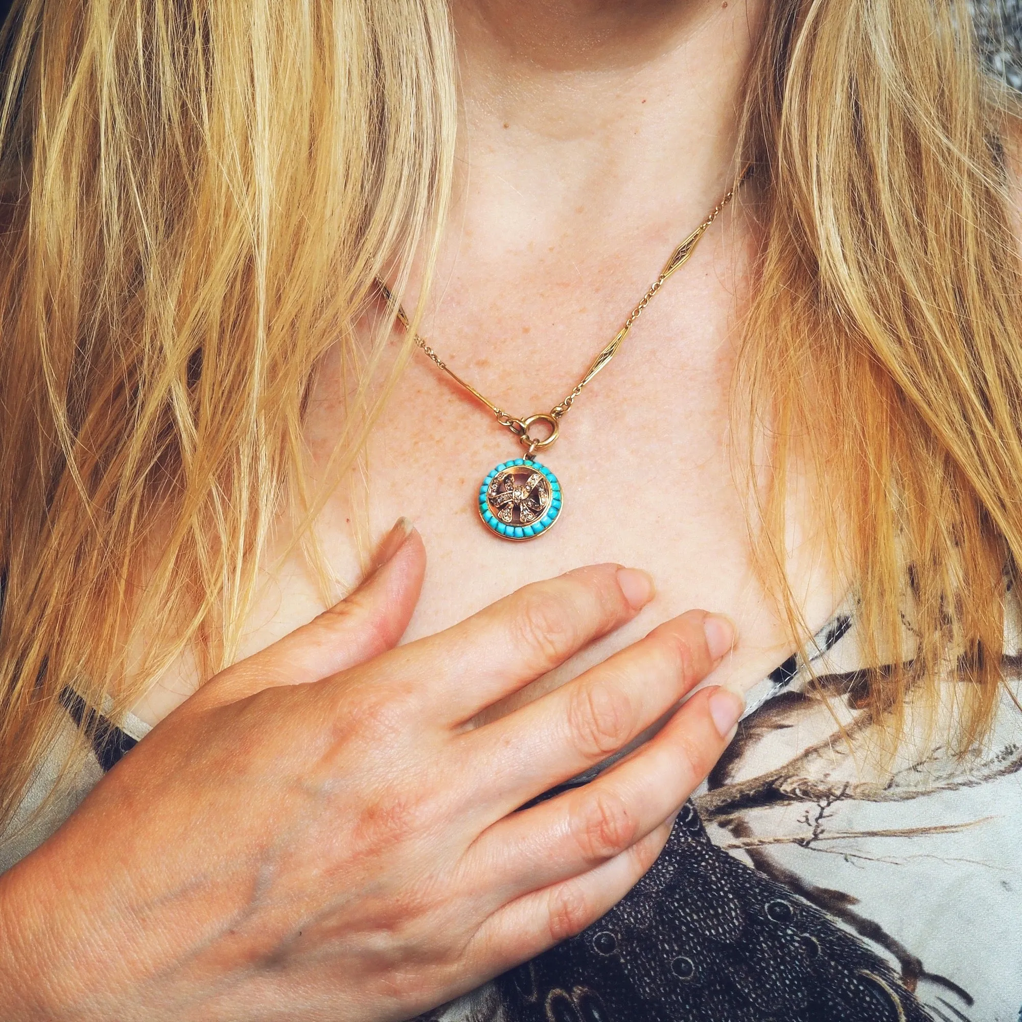 Antique 18ct Gold Victorian Turquoise & Diamond Pendant