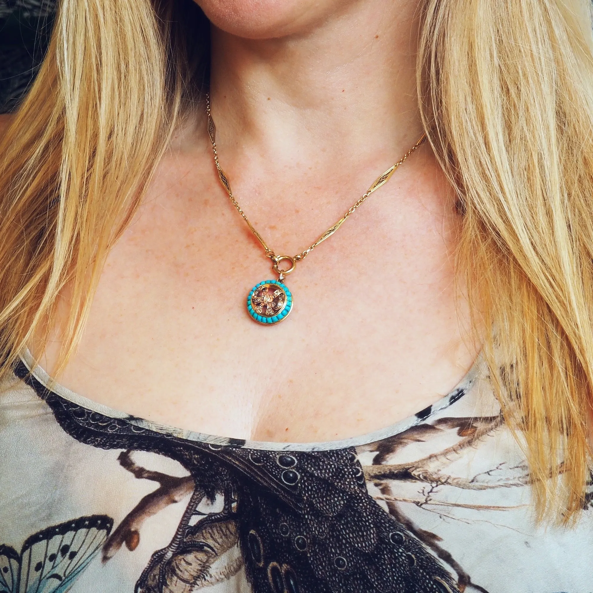 Antique 18ct Gold Victorian Turquoise & Diamond Pendant