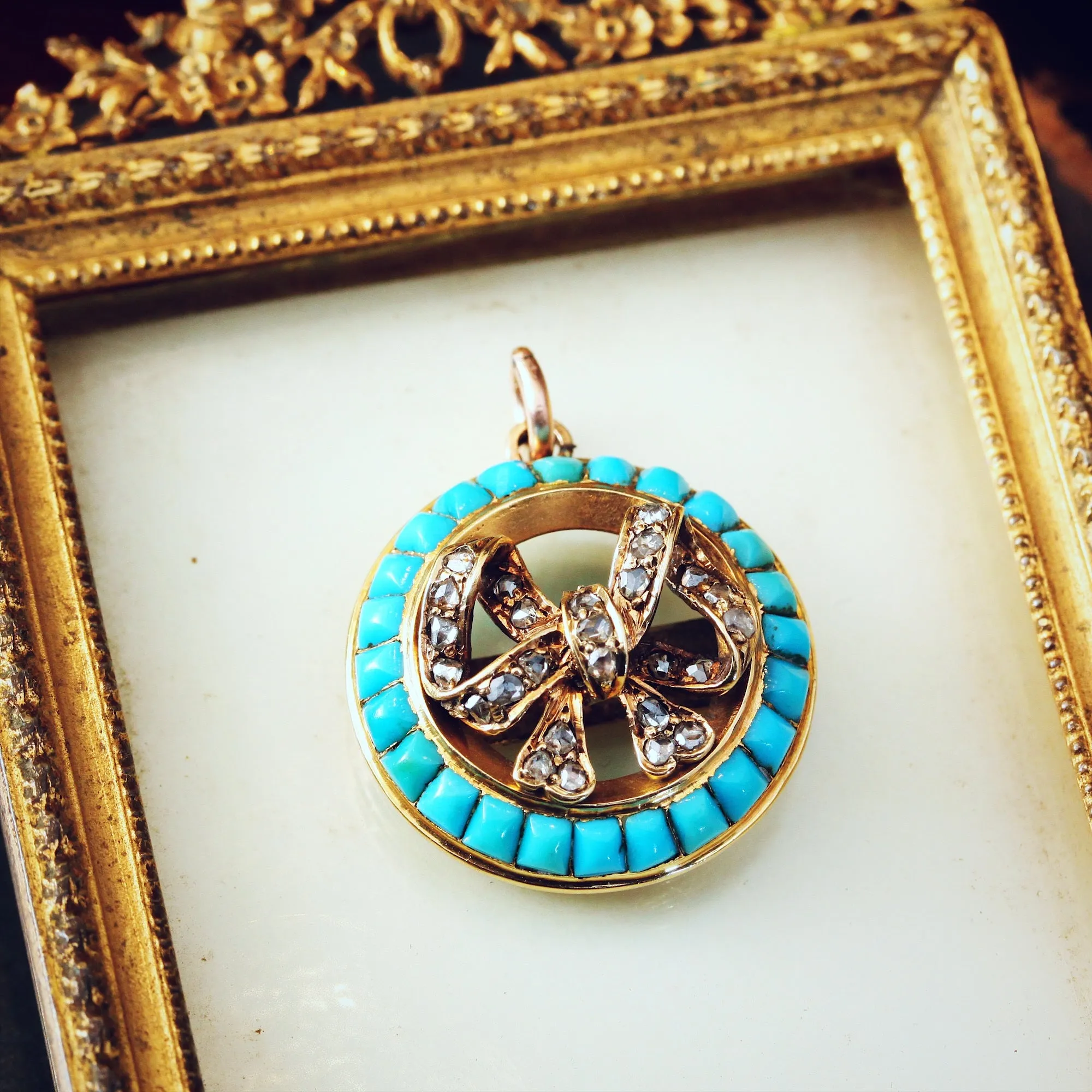 Antique 18ct Gold Victorian Turquoise & Diamond Pendant