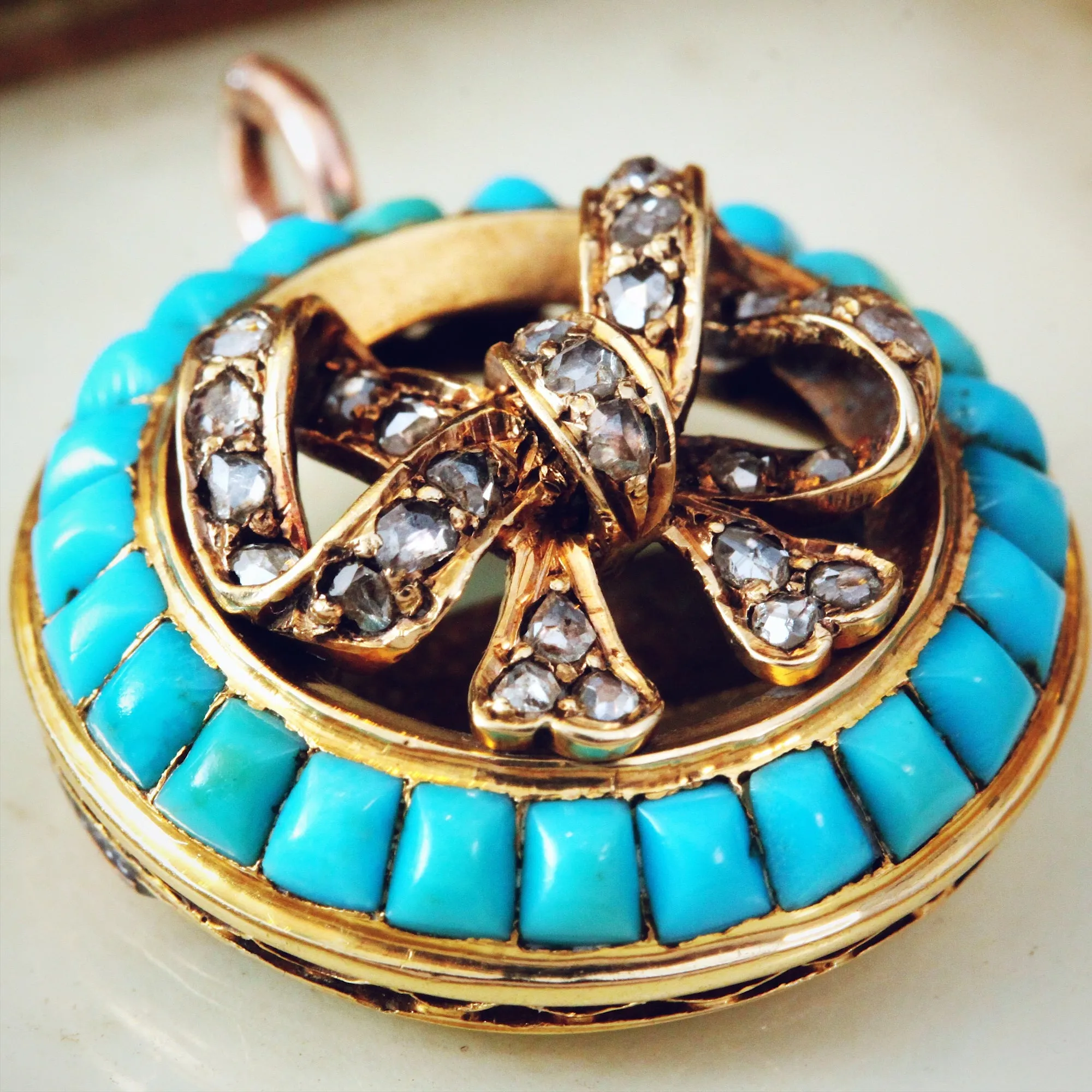 Antique 18ct Gold Victorian Turquoise & Diamond Pendant