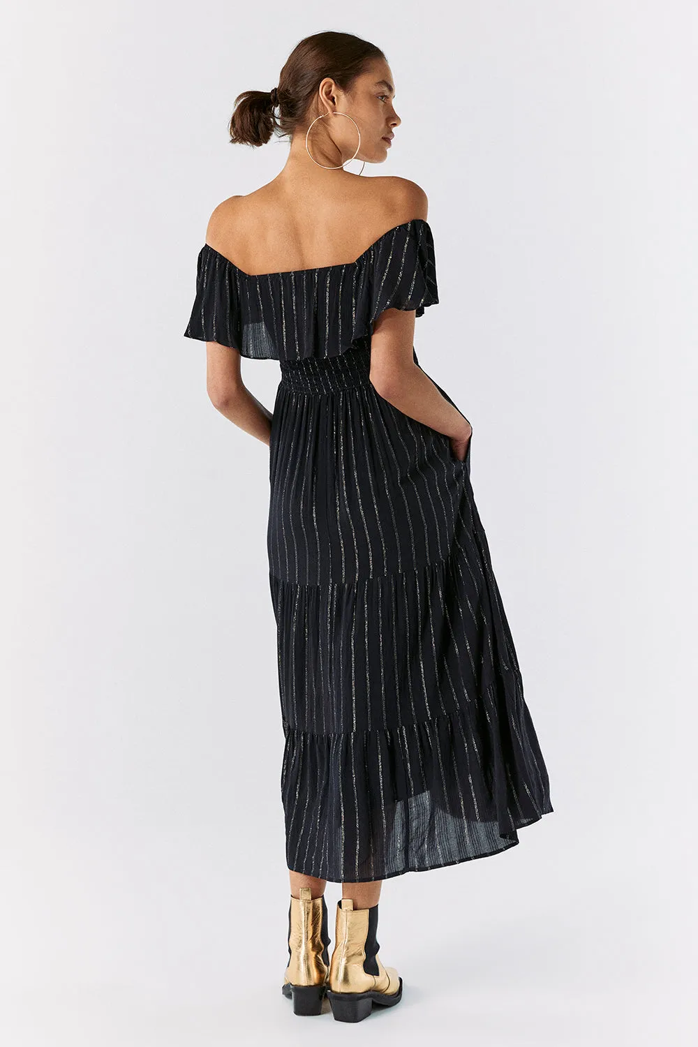 Black with Silver and Gold Lurex Bardot Midi Dress