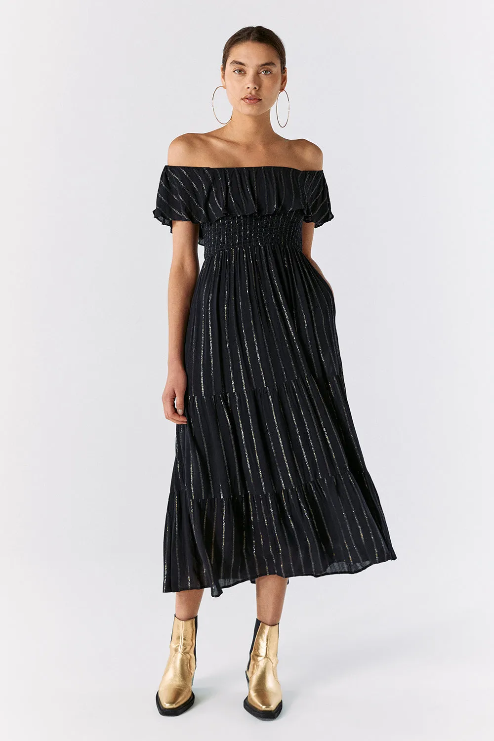 Black with Silver and Gold Lurex Bardot Midi Dress