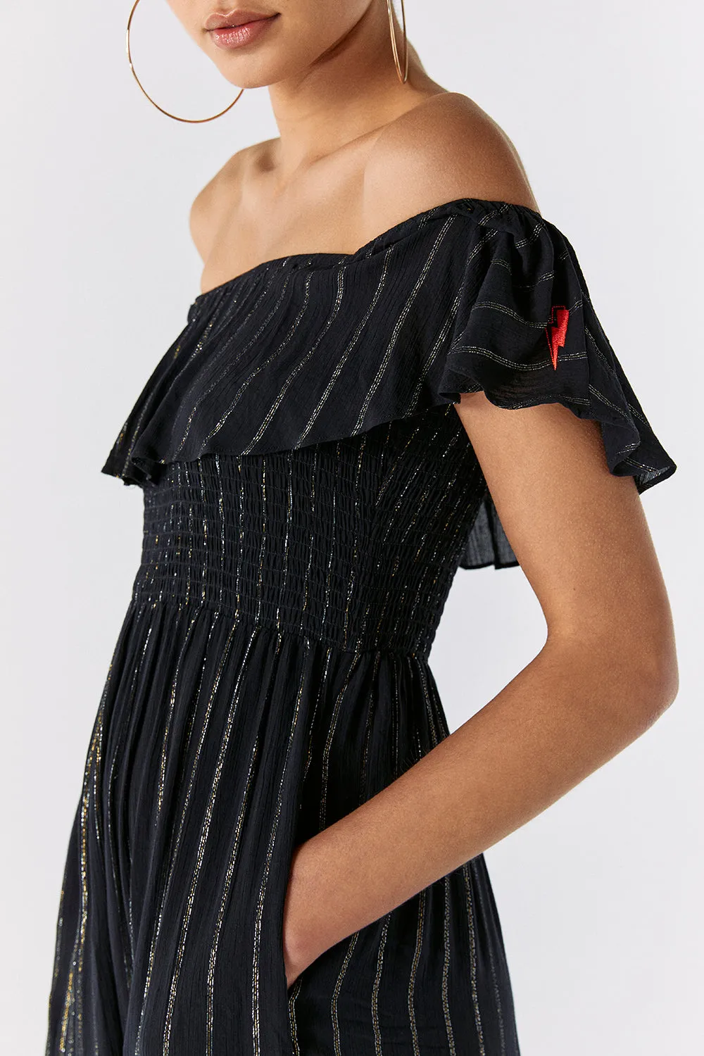 Black with Silver and Gold Lurex Bardot Midi Dress