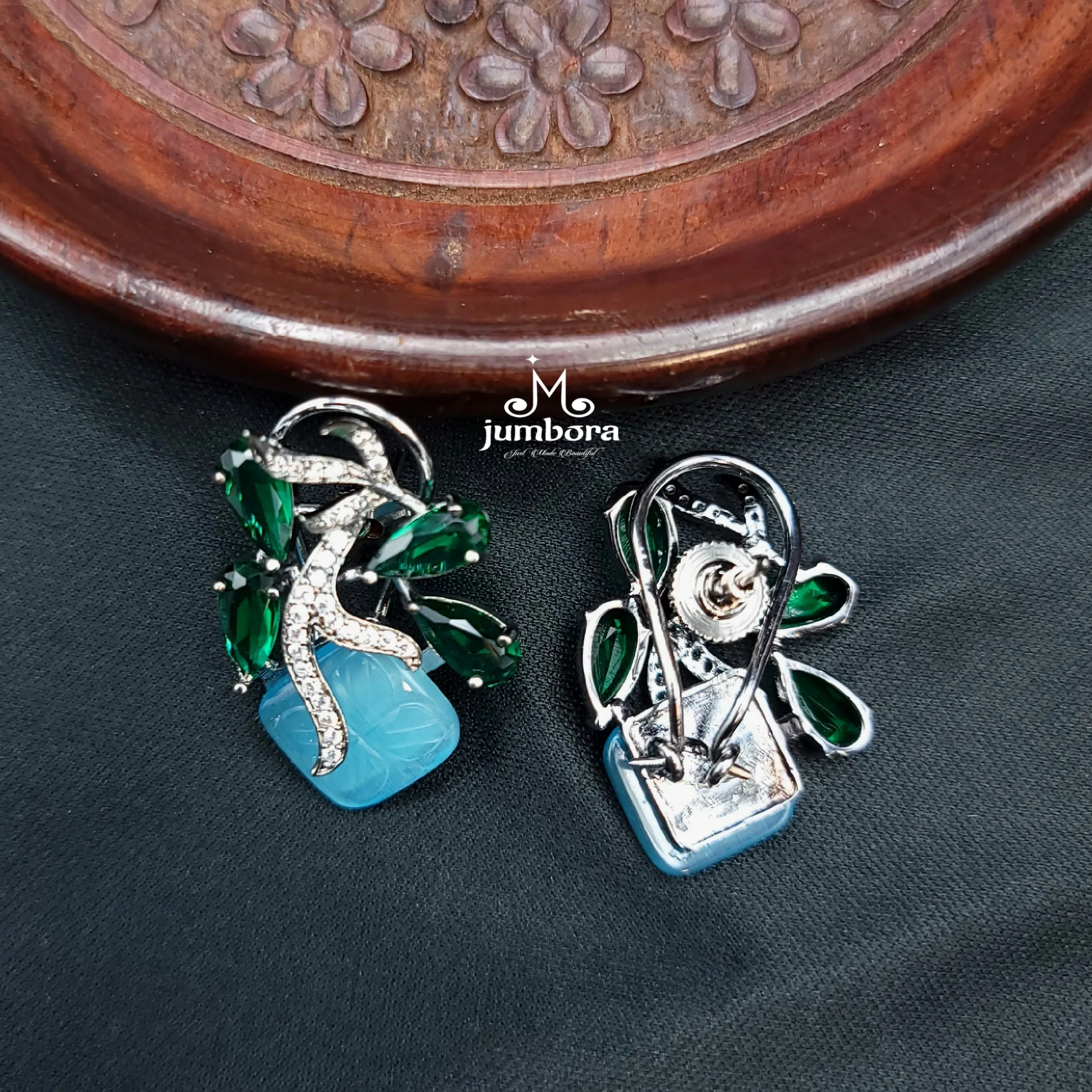 Blue Carved Stone AD Zircon Stud Victorian Earring