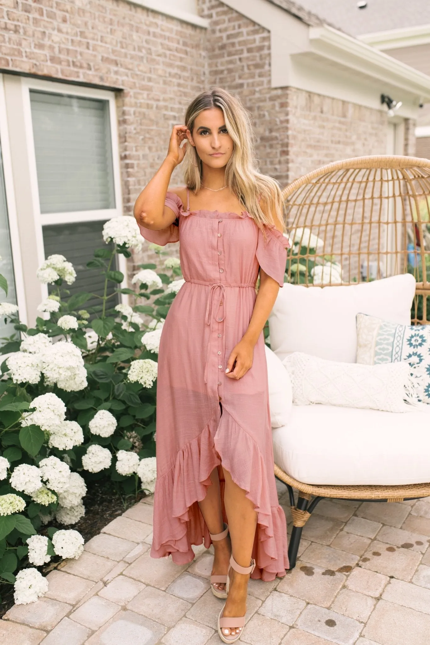 Blush Off the Shoulder Button Down High Low Maxi