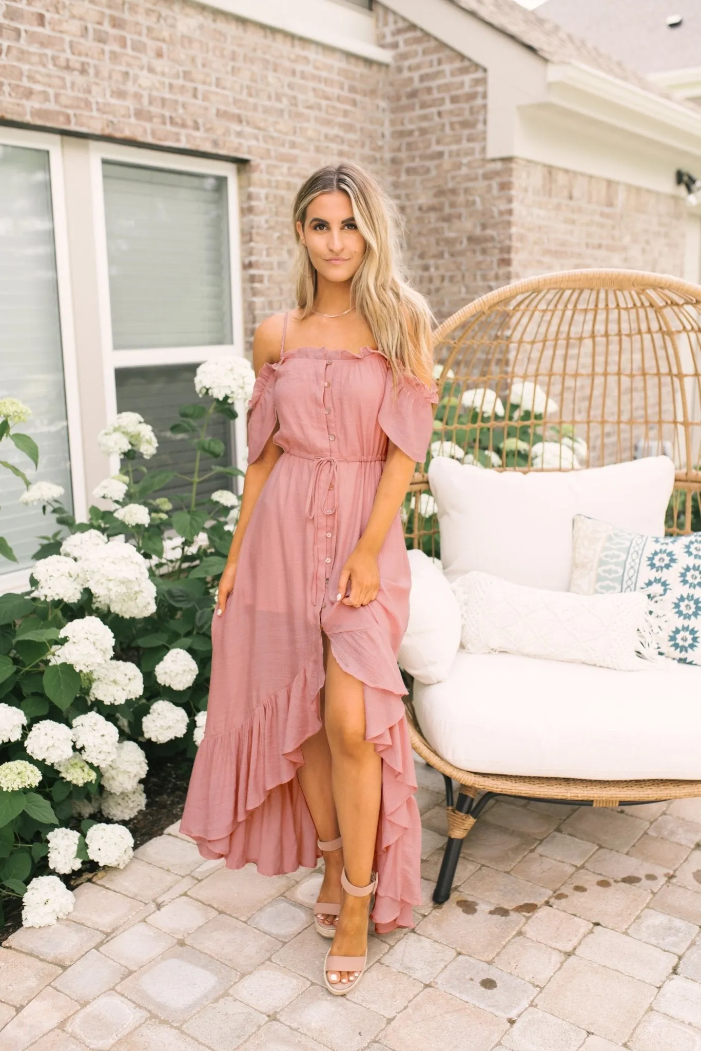 Blush Off the Shoulder Button Down High Low Maxi