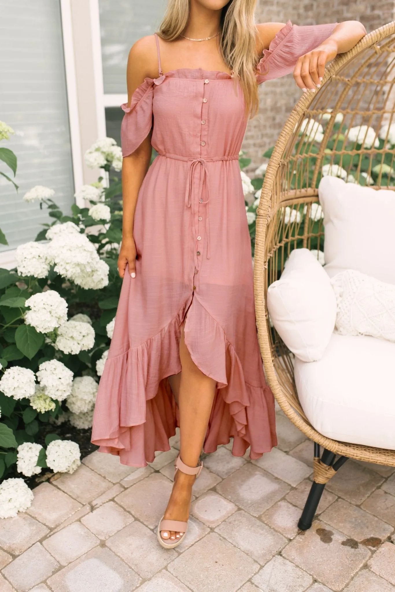 Blush Off the Shoulder Button Down High Low Maxi