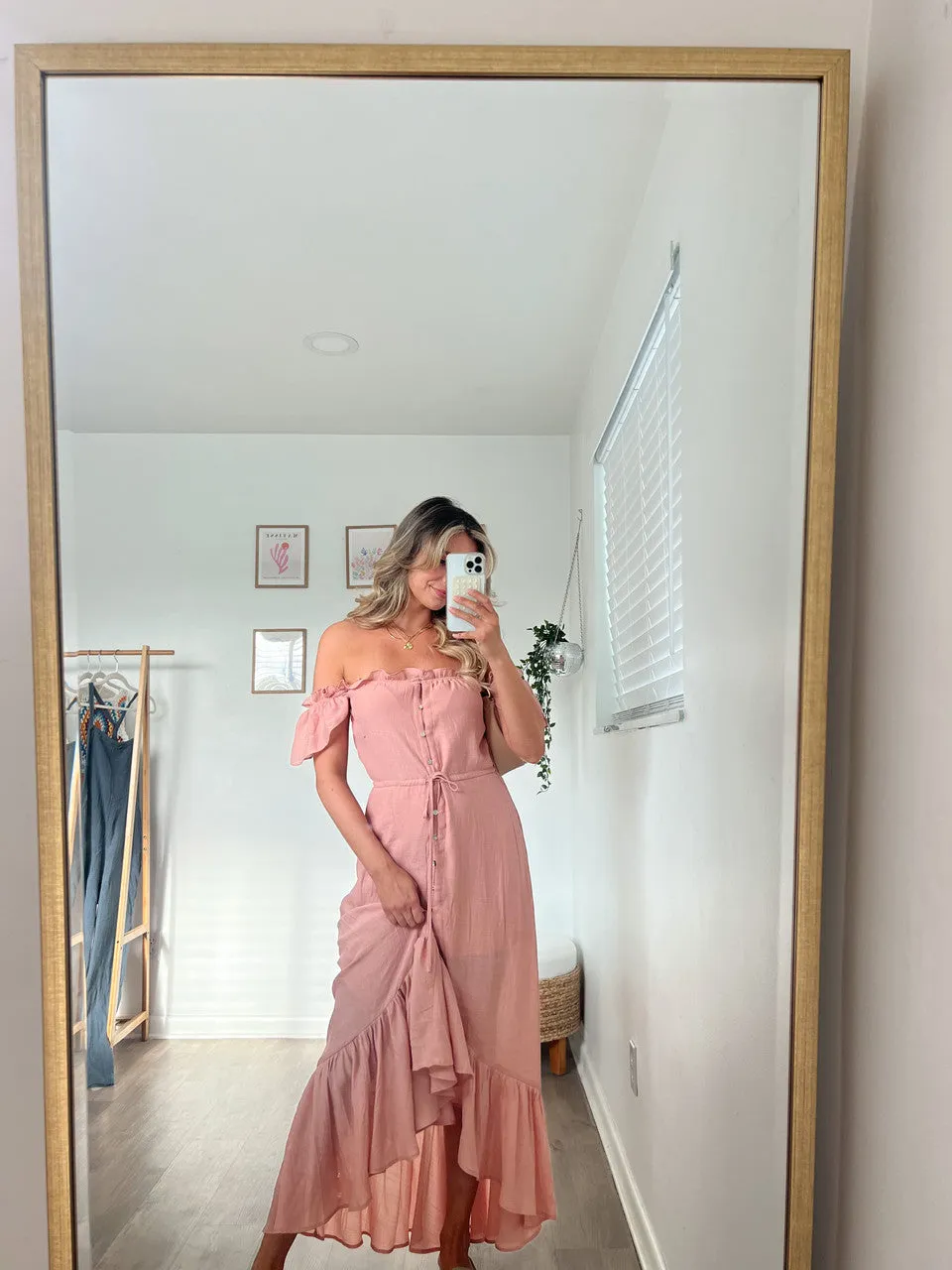 Blush Off the Shoulder Button Down High Low Maxi