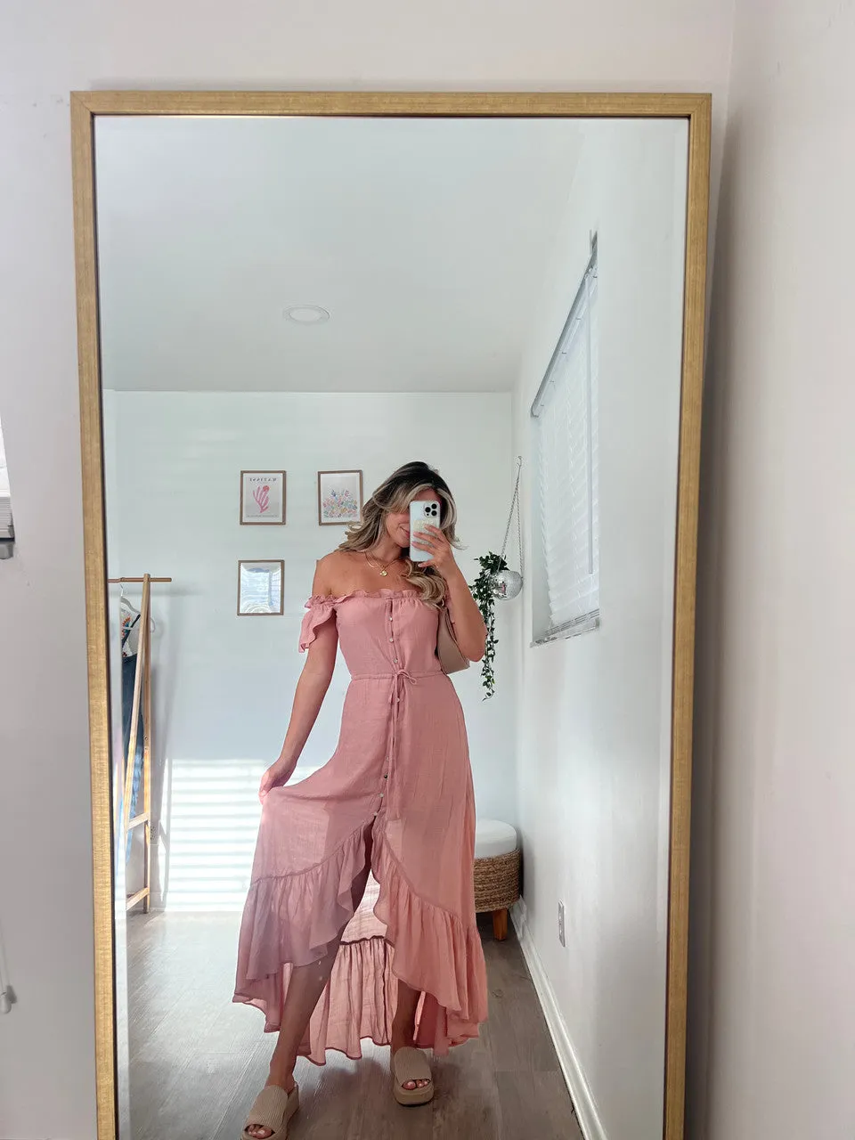 Blush Off the Shoulder Button Down High Low Maxi