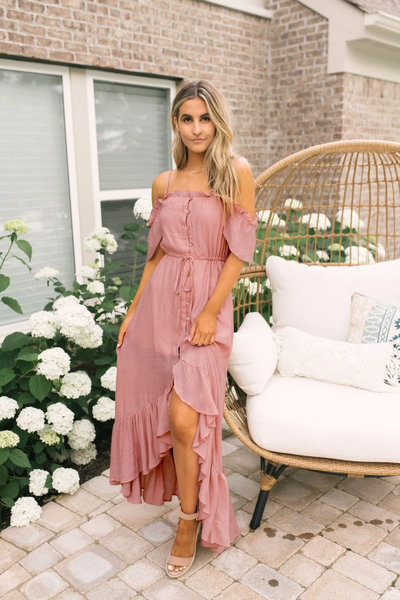 Blush Off the Shoulder Button Down High Low Maxi