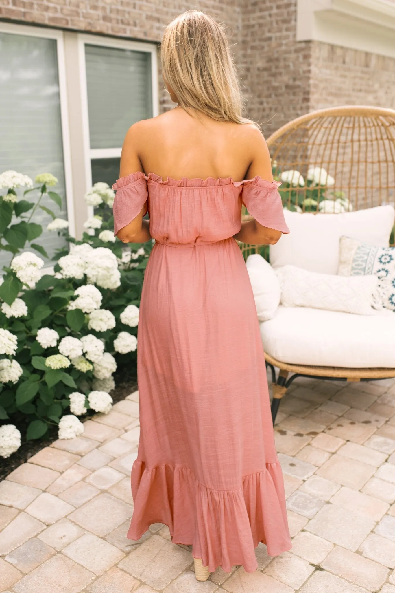 Blush Off the Shoulder Button Down High Low Maxi