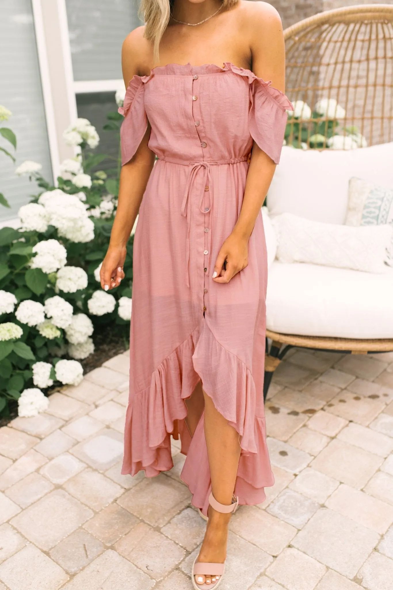Blush Off the Shoulder Button Down High Low Maxi