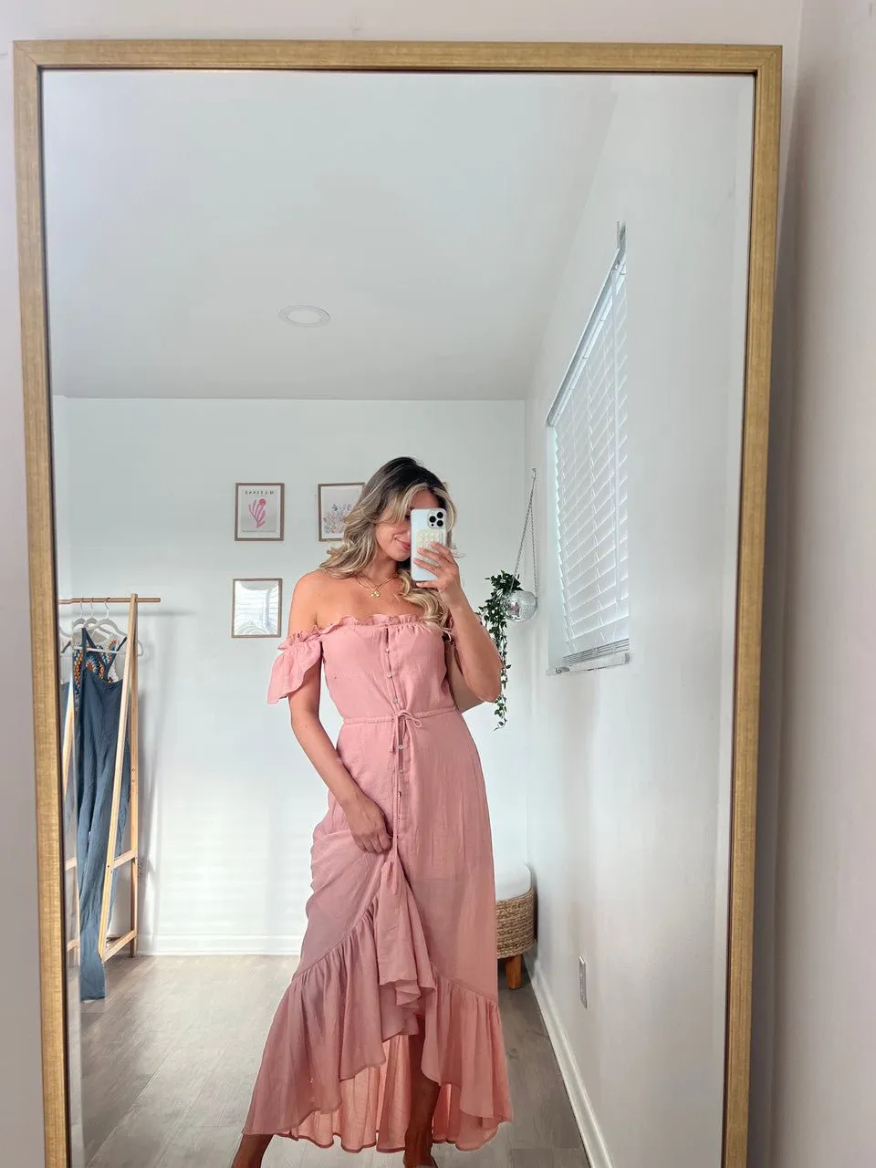 Blush Off the Shoulder Button Down High Low Maxi
