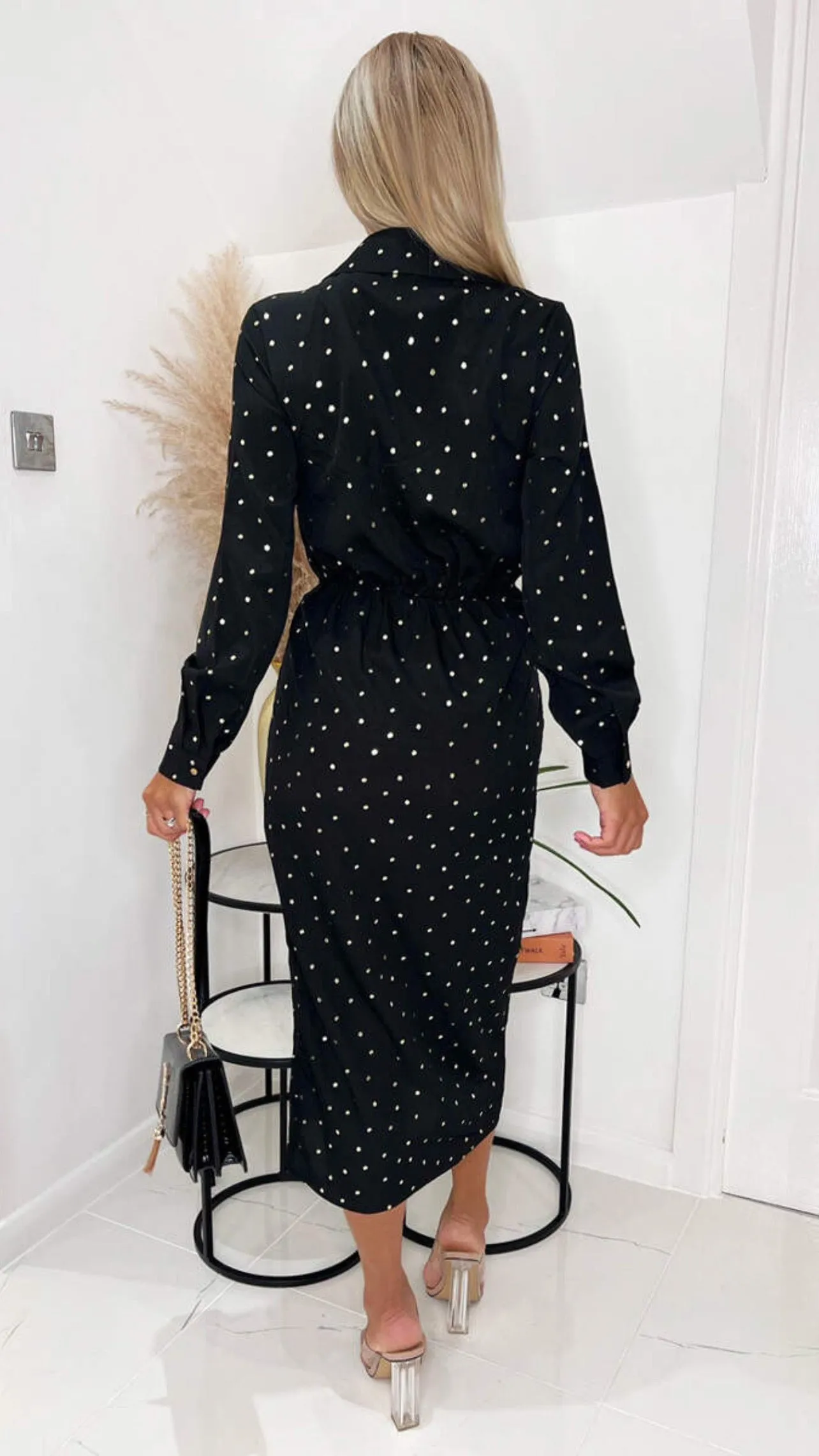 Branwen Black & Gold Polka Dot Ruched Midi Dress