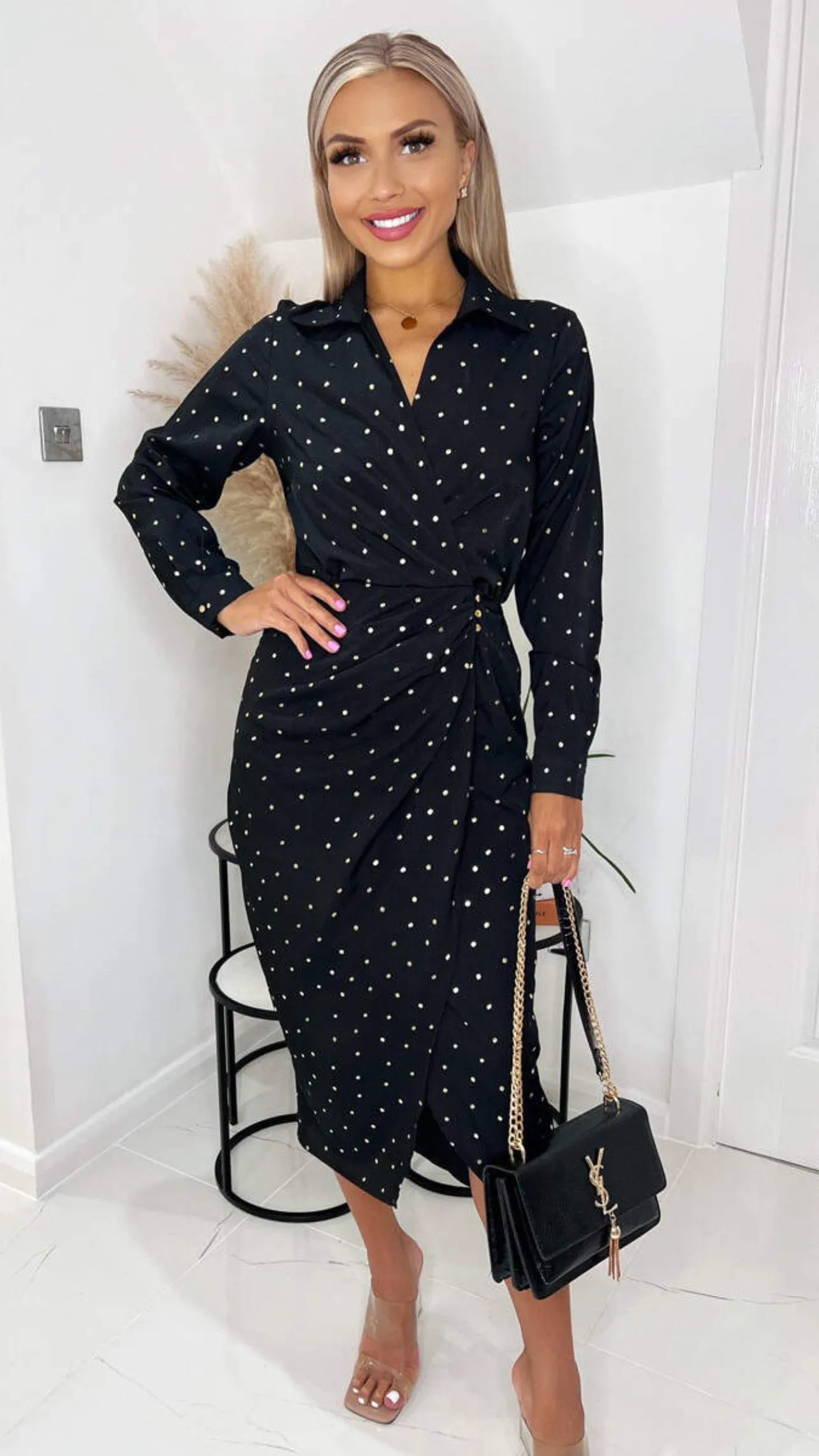 Branwen Black & Gold Polka Dot Ruched Midi Dress