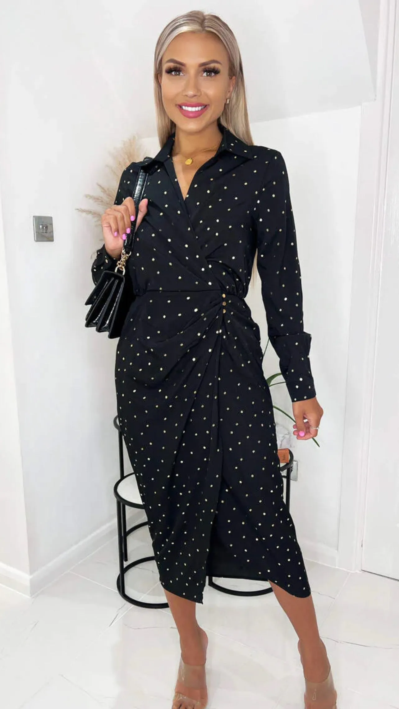 Branwen Black & Gold Polka Dot Ruched Midi Dress