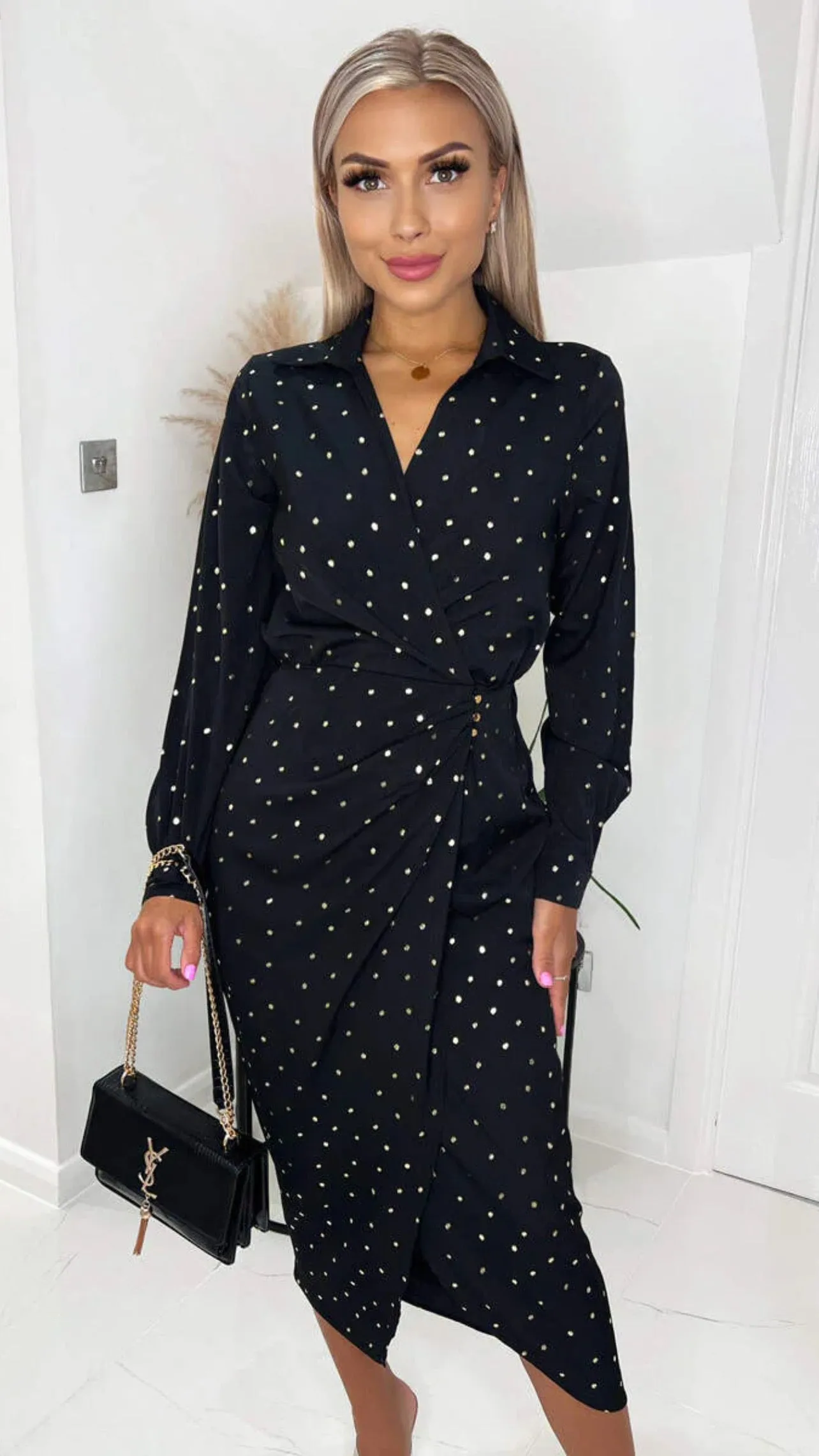 Branwen Black & Gold Polka Dot Ruched Midi Dress