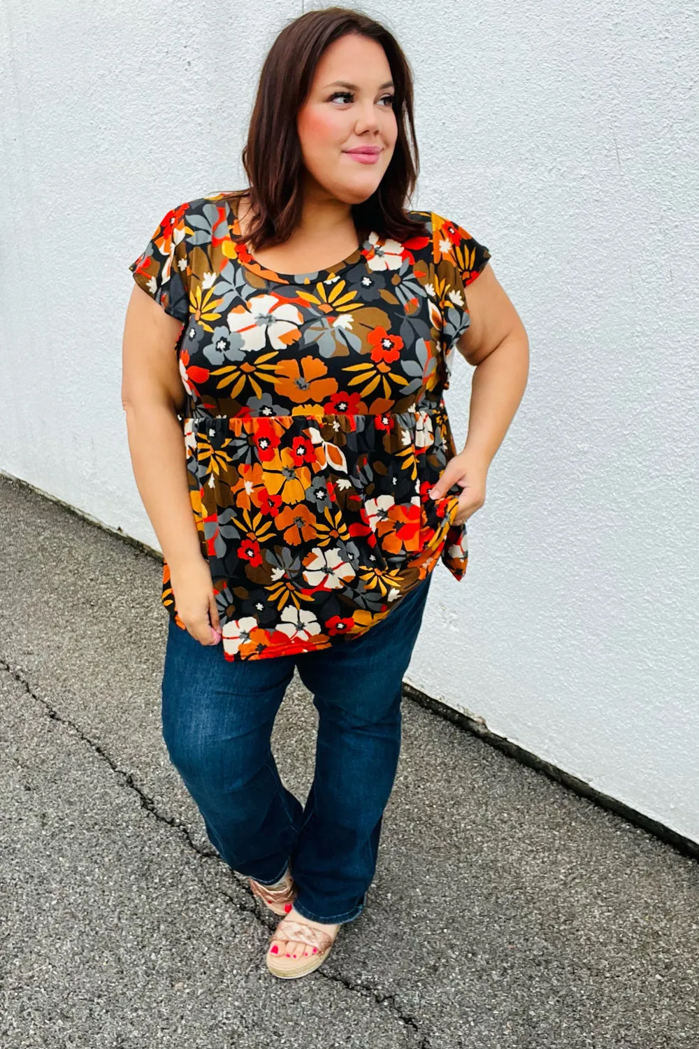 Burnt Orange Flat Floral Print Ruffle Sleeve Babydoll Top (Open Pack)