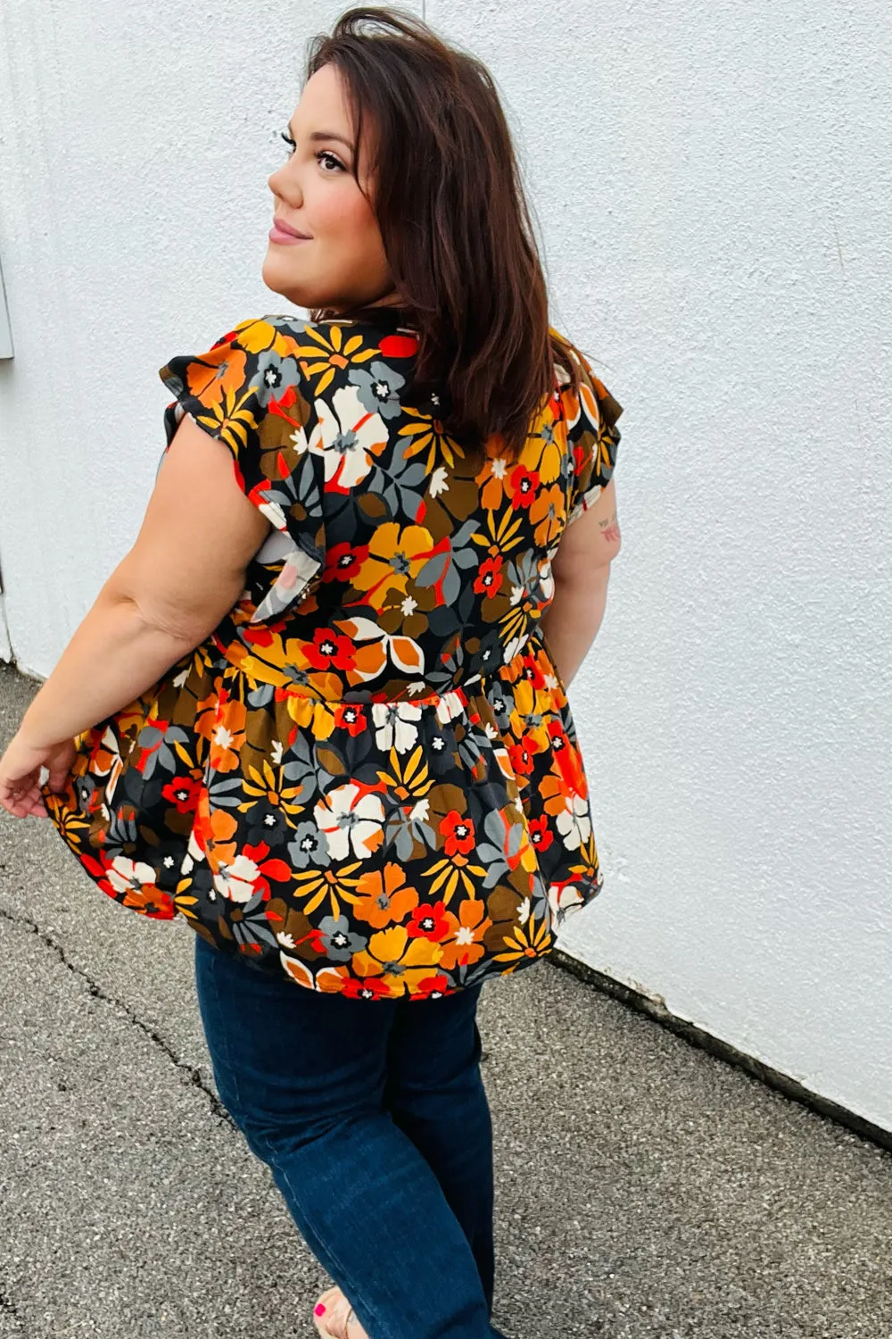 Burnt Orange Flat Floral Print Ruffle Sleeve Babydoll Top (Open Pack)