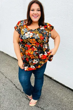 Burnt Orange Flat Floral Print Ruffle Sleeve Babydoll Top (Open Pack)
