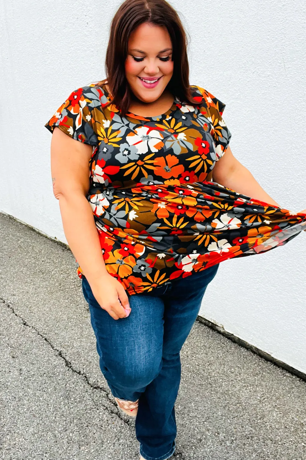 Burnt Orange Flat Floral Print Ruffle Sleeve Babydoll Top (Open Pack)
