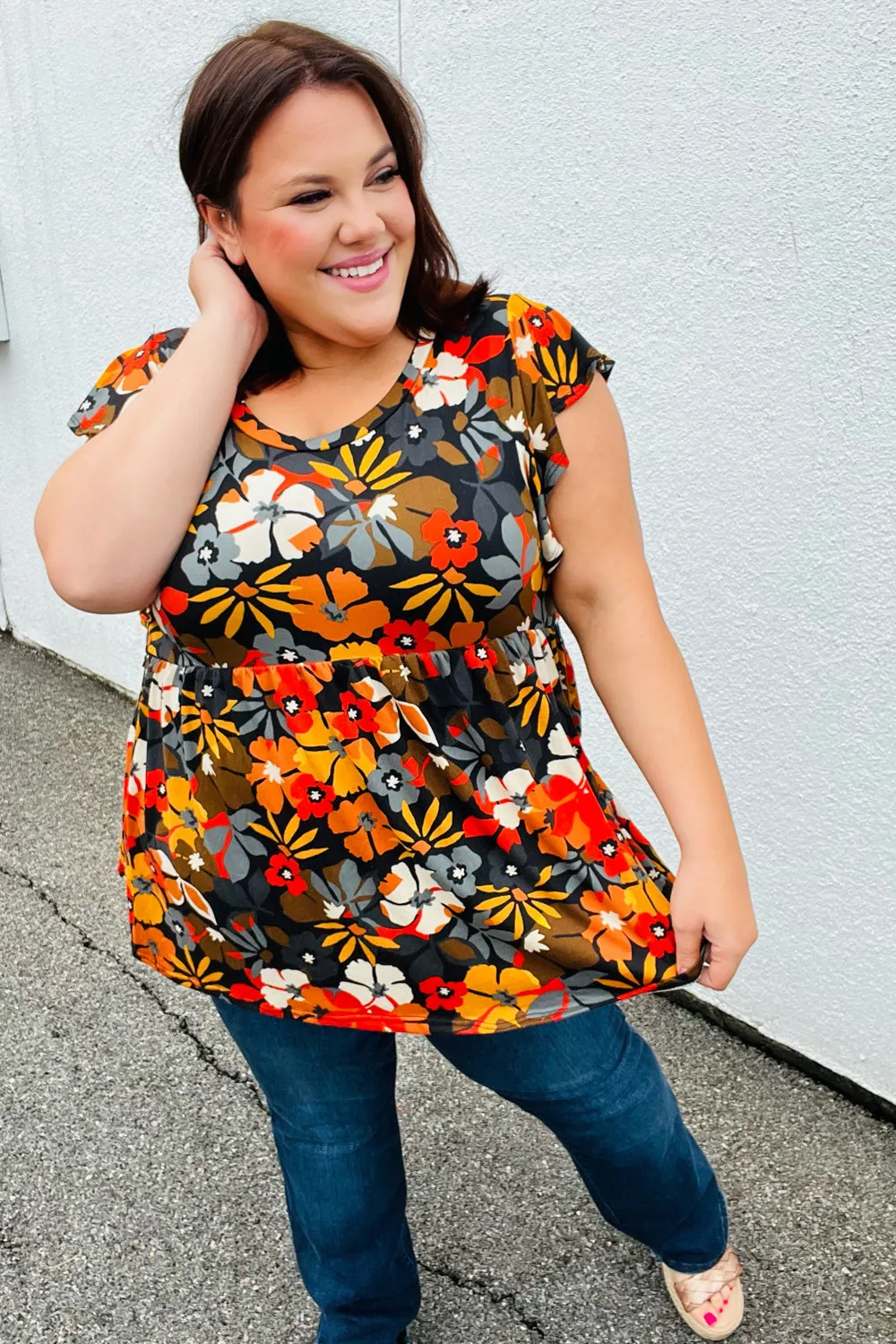 Burnt Orange Flat Floral Print Ruffle Sleeve Babydoll Top (Open Pack)