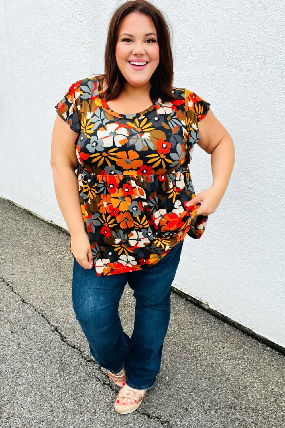 Burnt Orange Flat Floral Print Ruffle Sleeve Babydoll Top (Open Pack)