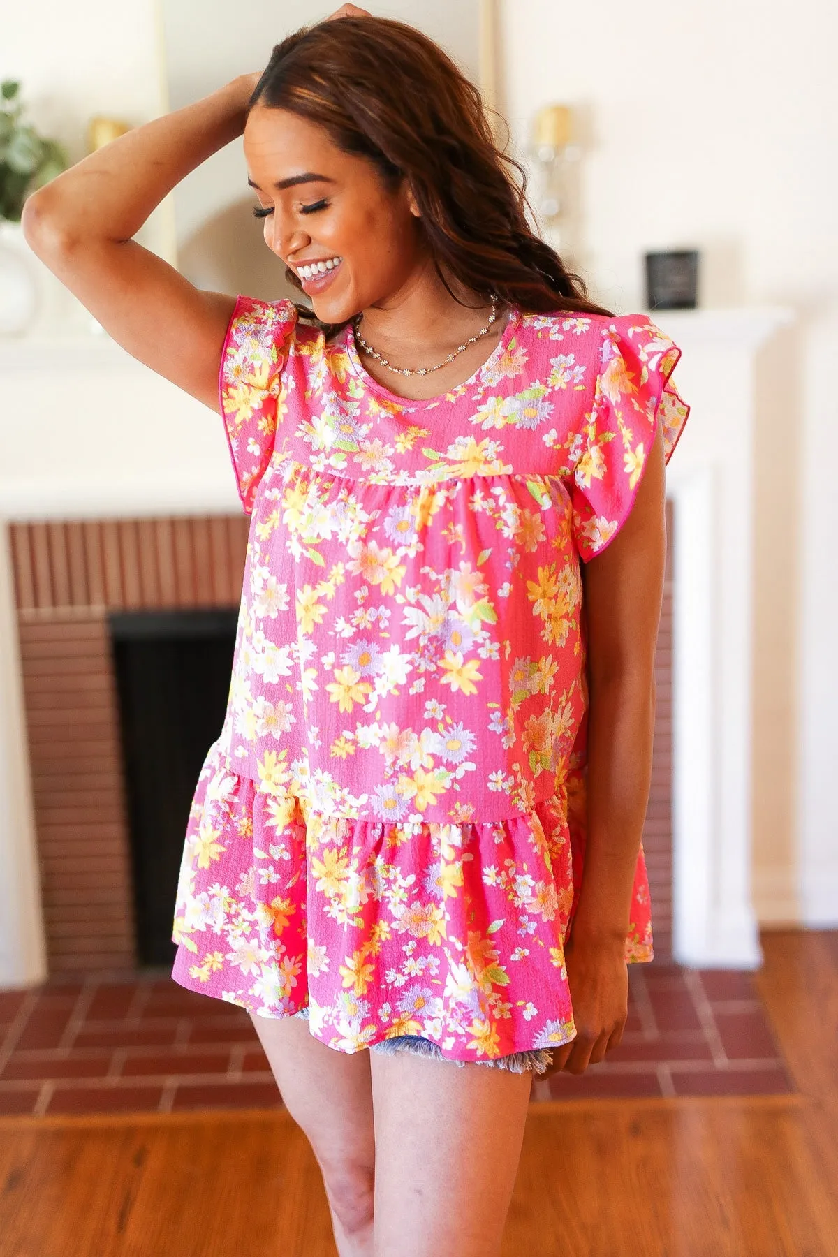 Diva Pink Floral Yoke Flutter Sleeve Keyhole Back Top (Open Pack)