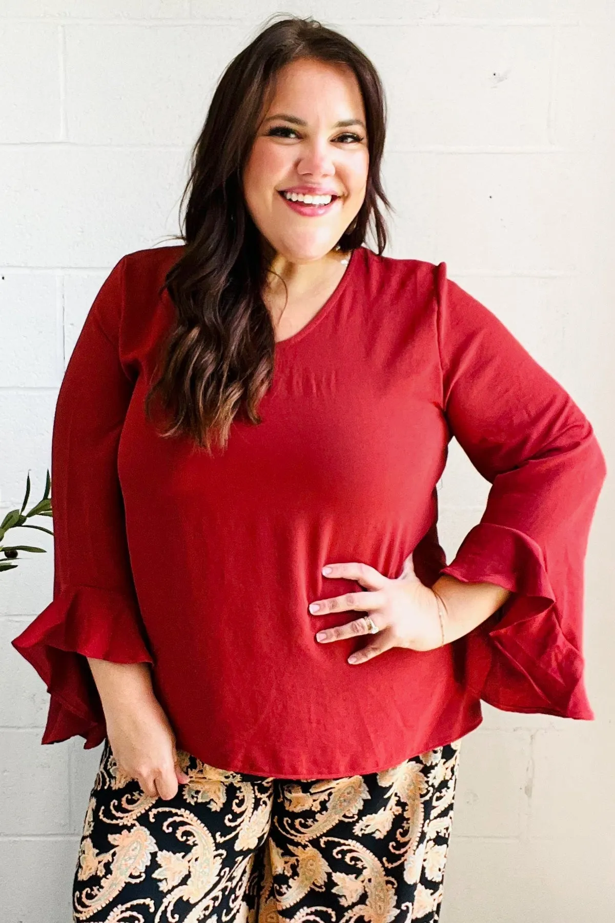 Falling In Love Rust Hi-Lo Ruffle Sleeve Woven Top (Open Pack)