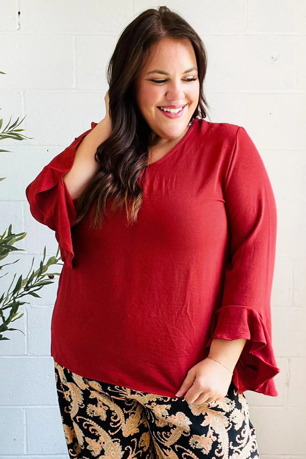 Falling In Love Rust Hi-Lo Ruffle Sleeve Woven Top (Open Pack)