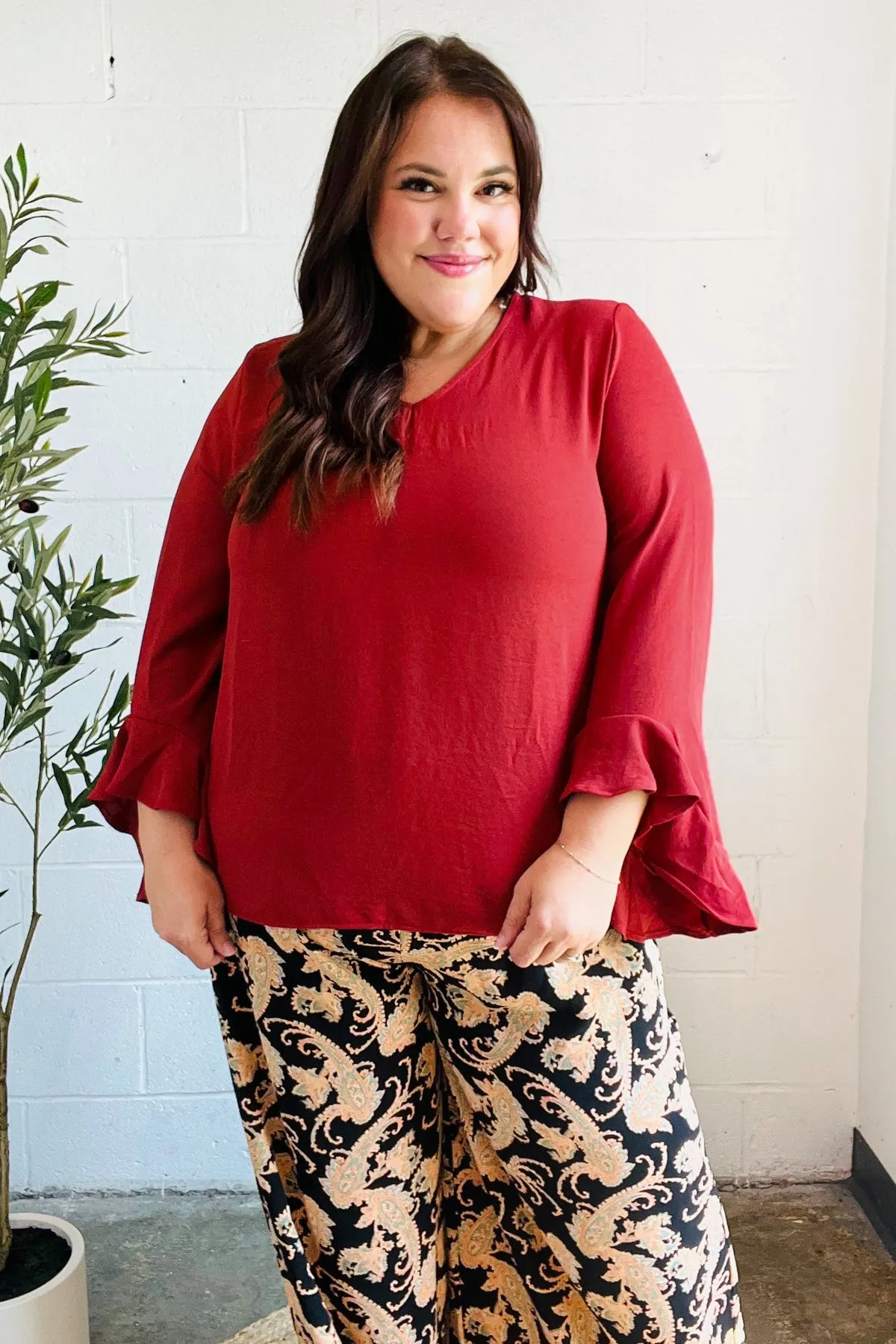 Falling In Love Rust Hi-Lo Ruffle Sleeve Woven Top (Open Pack)