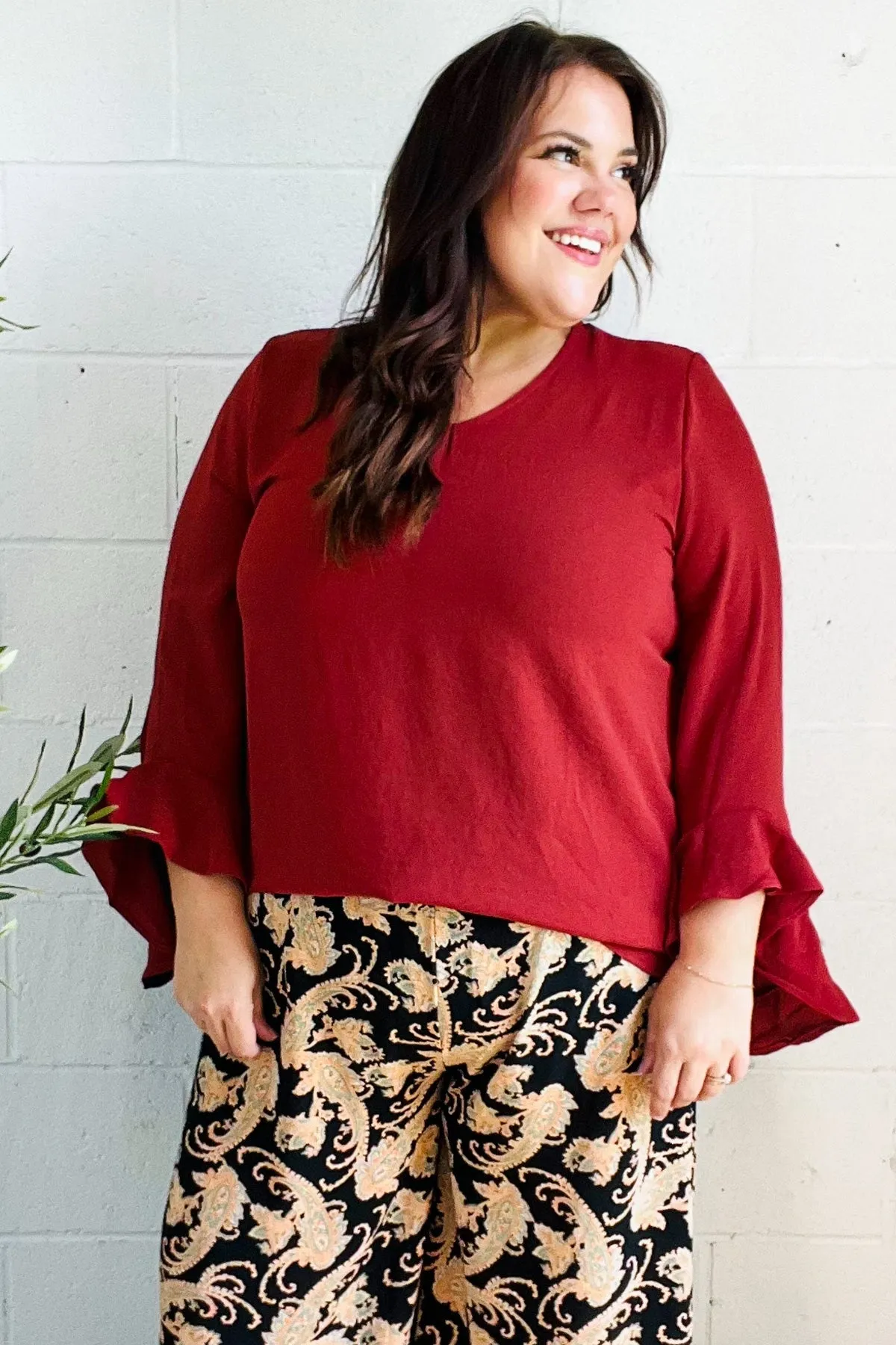Falling In Love Rust Hi-Lo Ruffle Sleeve Woven Top (Open Pack)