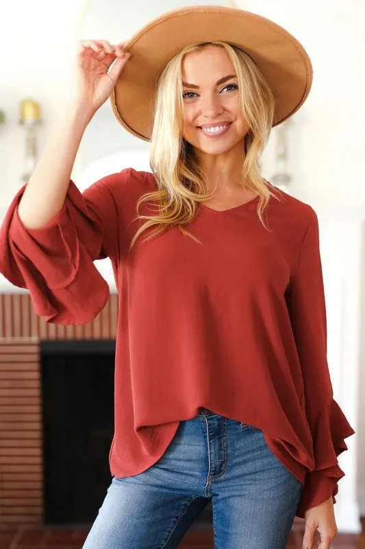 Falling In Love Rust Hi-Lo Ruffle Sleeve Woven Top (Open Pack)