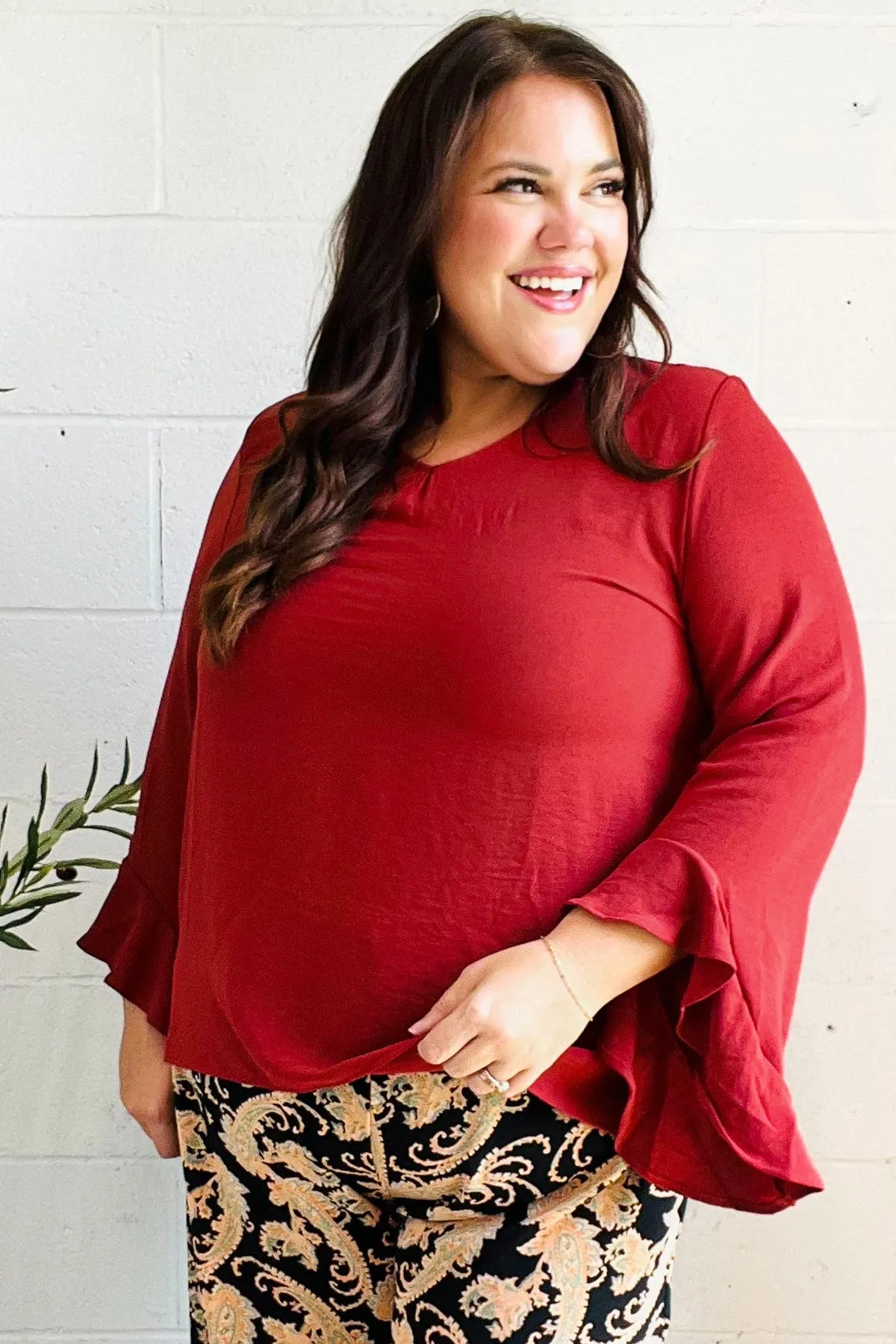 Falling In Love Rust Hi-Lo Ruffle Sleeve Woven Top (Open Pack)