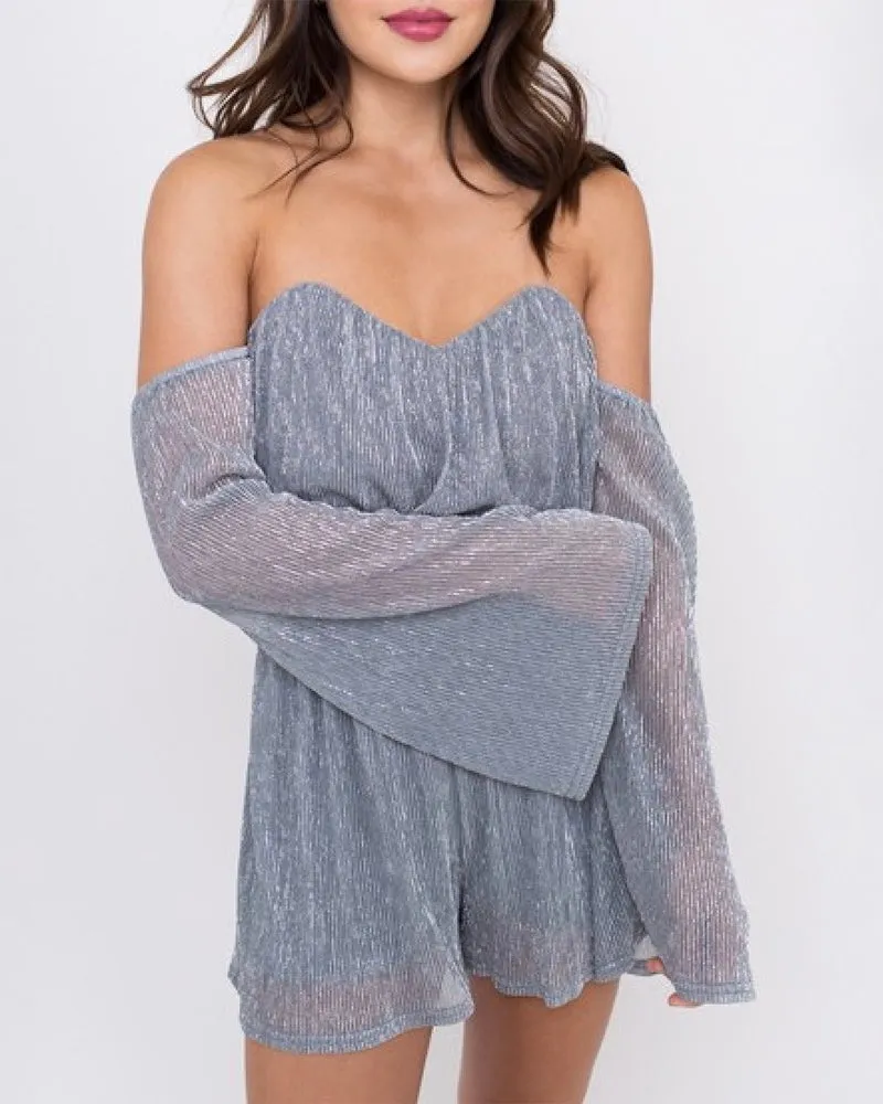 Final Sale - 4SI3NNA - Shimmer and Shine Off the Shoulder Metallic Romper in Silver