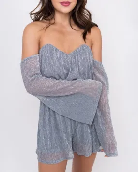 Final Sale - 4SI3NNA - Shimmer and Shine Off the Shoulder Metallic Romper in Silver