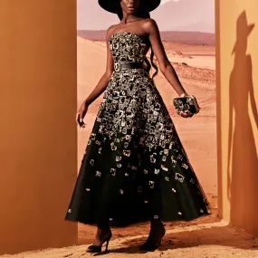 Gold Contrast Embellished Tulle Dress